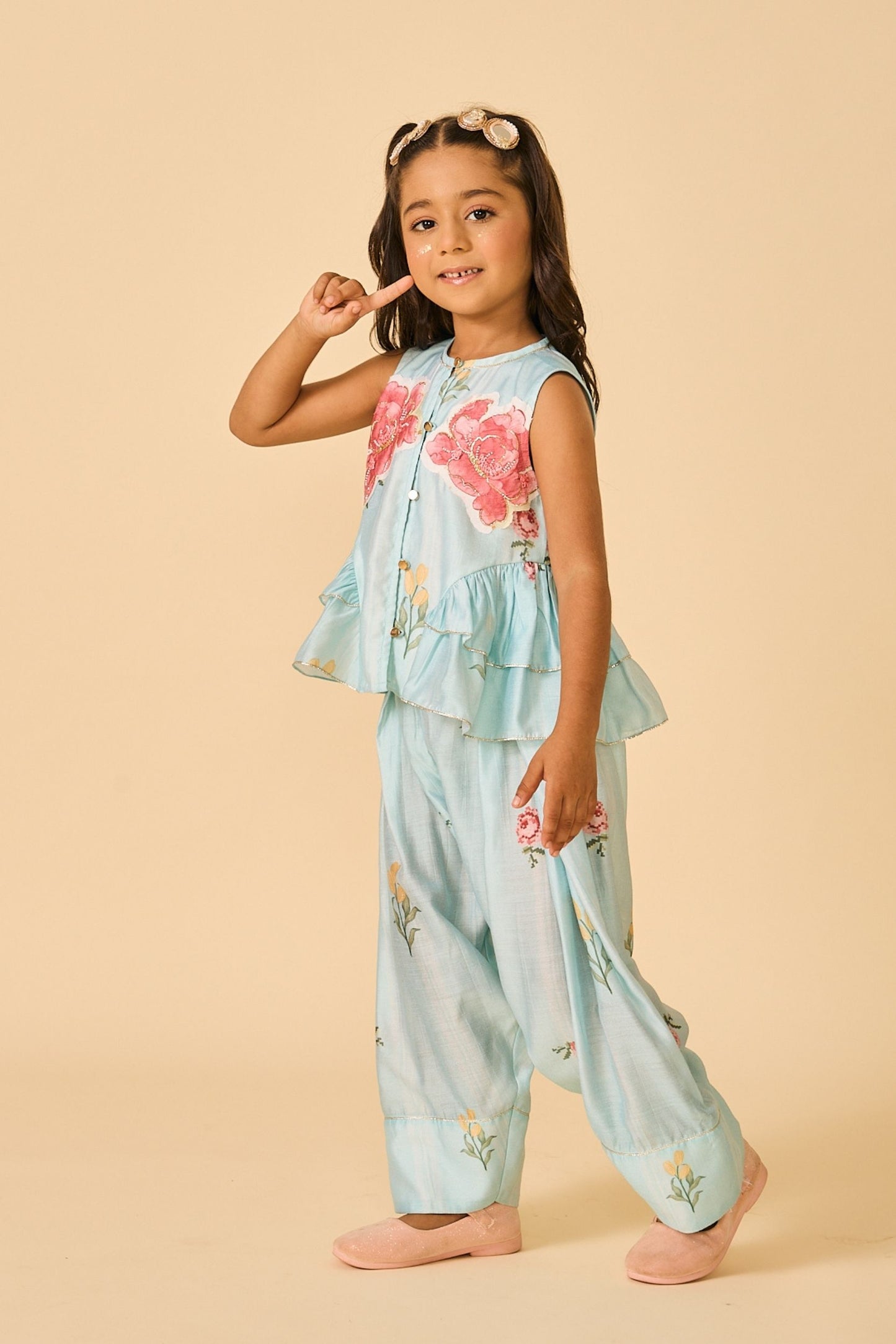 Blue Clay Embellished Girls Top & Trouser Coord ( 2 Pc Set)
