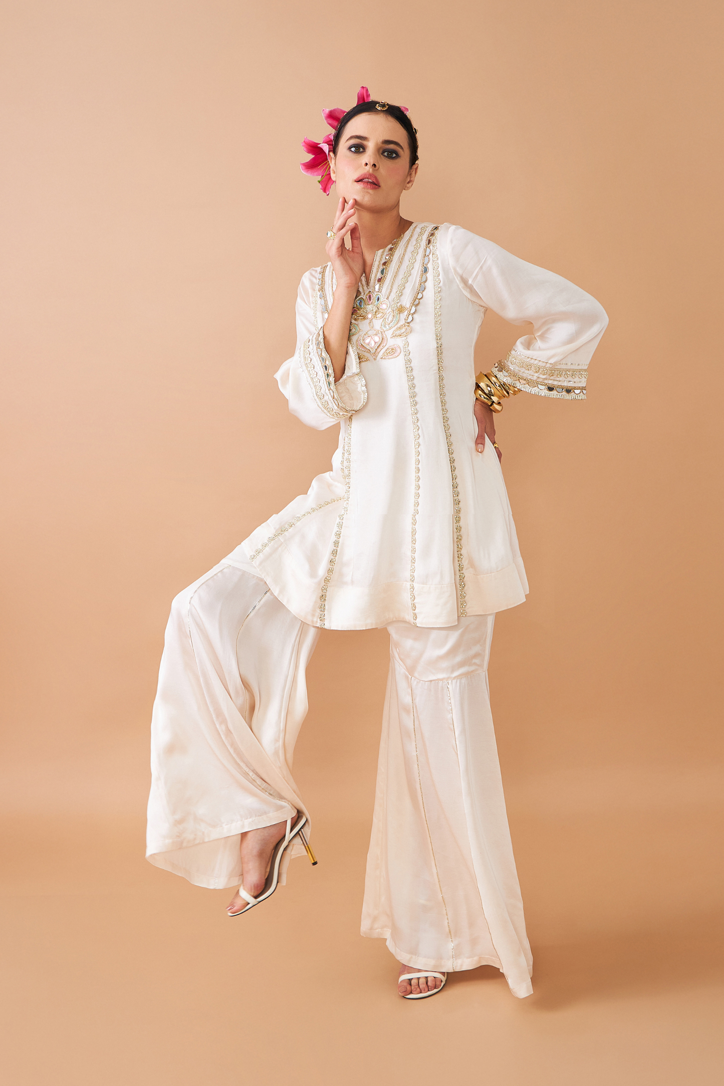 Ivora Ladies Embellished Tunic With Flared Trousers Co-ord (Set of 2pcs)