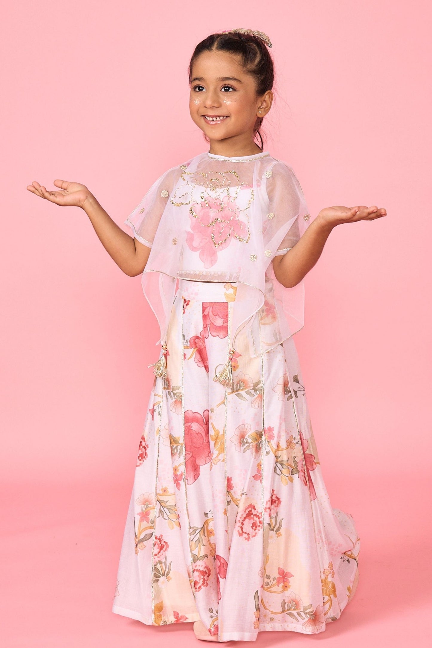White Makrana Girls Embellished Cami Top Trouser With Cape ( 3 Pc Set)