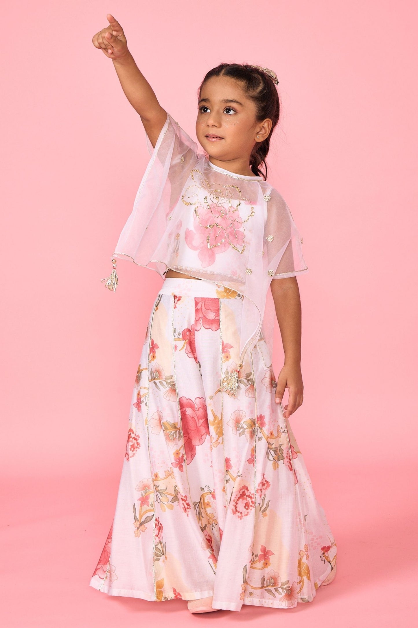 White Makrana Girls Embellished Cami Top Trouser With Cape ( 3 Pc Set)
