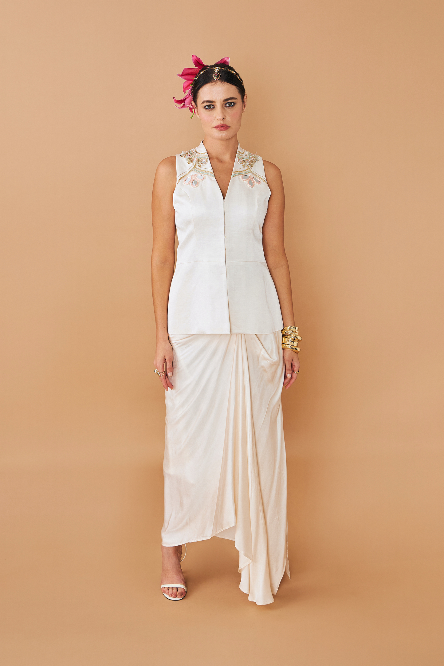 Ivora Ladies Embellished Long Waistcoat With Draped Skirt Co-ord (Set of 2pcs)