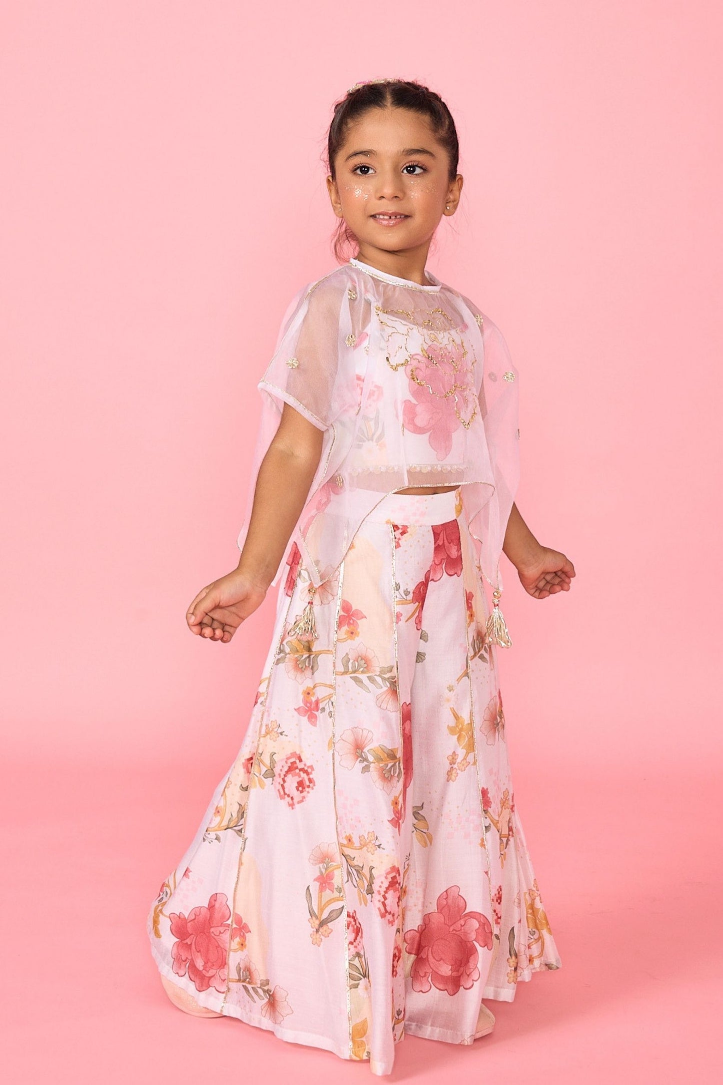 White Makrana Girls Embellished Cami Top Trouser With Cape ( 3 Pc Set)