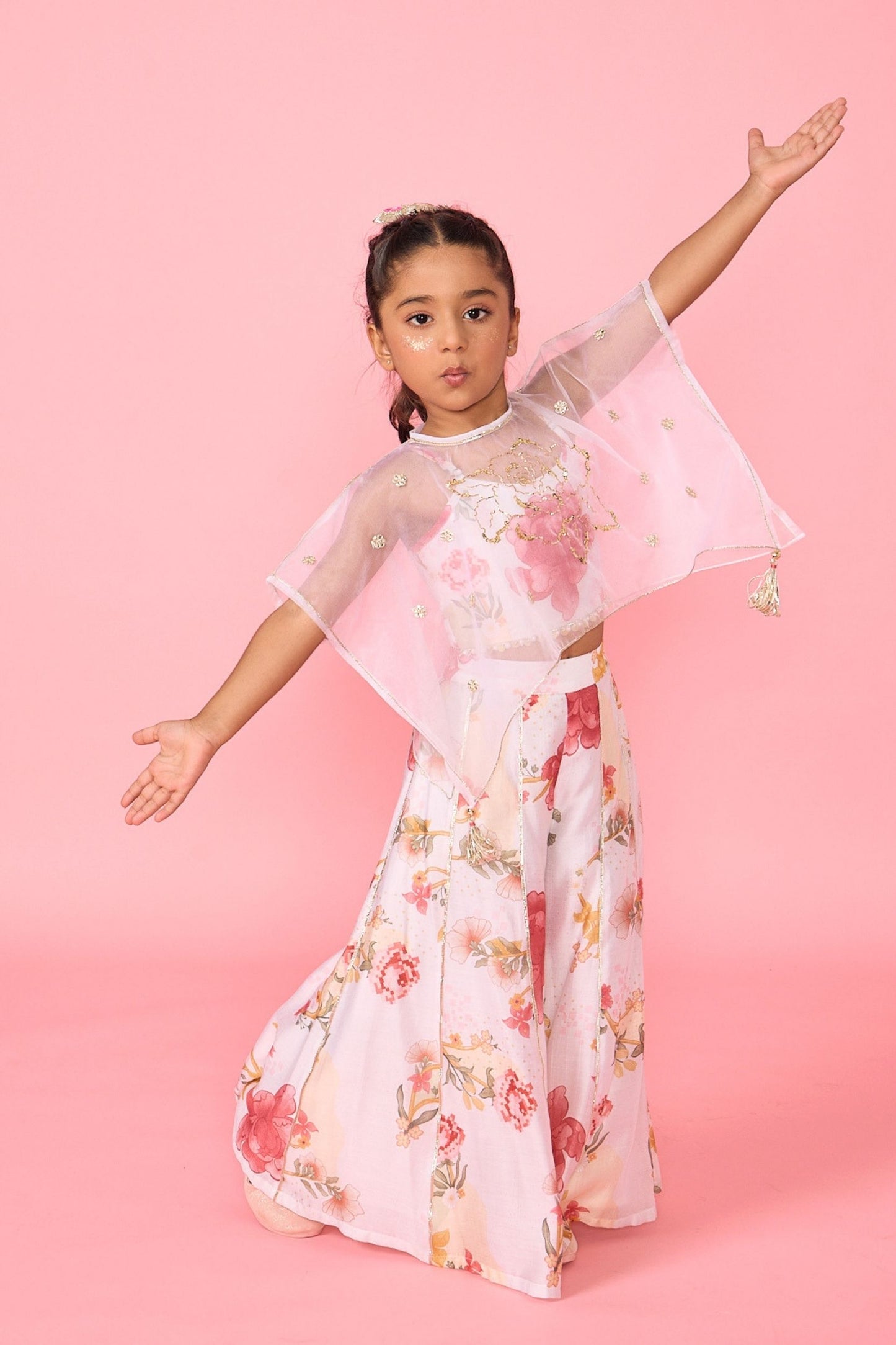 White Makrana Girls Embellished Cami Top Trouser With Cape ( 3 Pc Set)