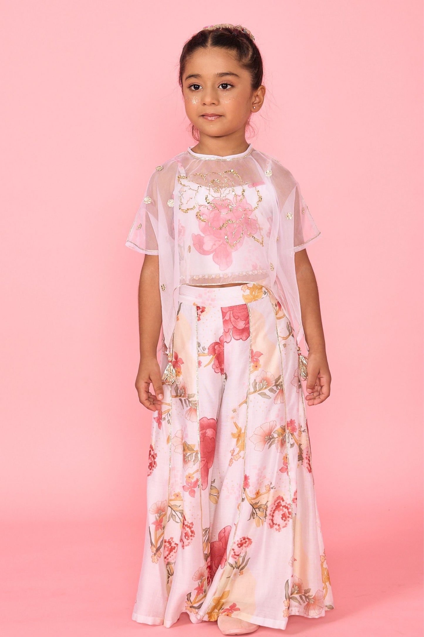 White Makrana Girls Embellished Cami Top Trouser With Cape ( 3 Pc Set)