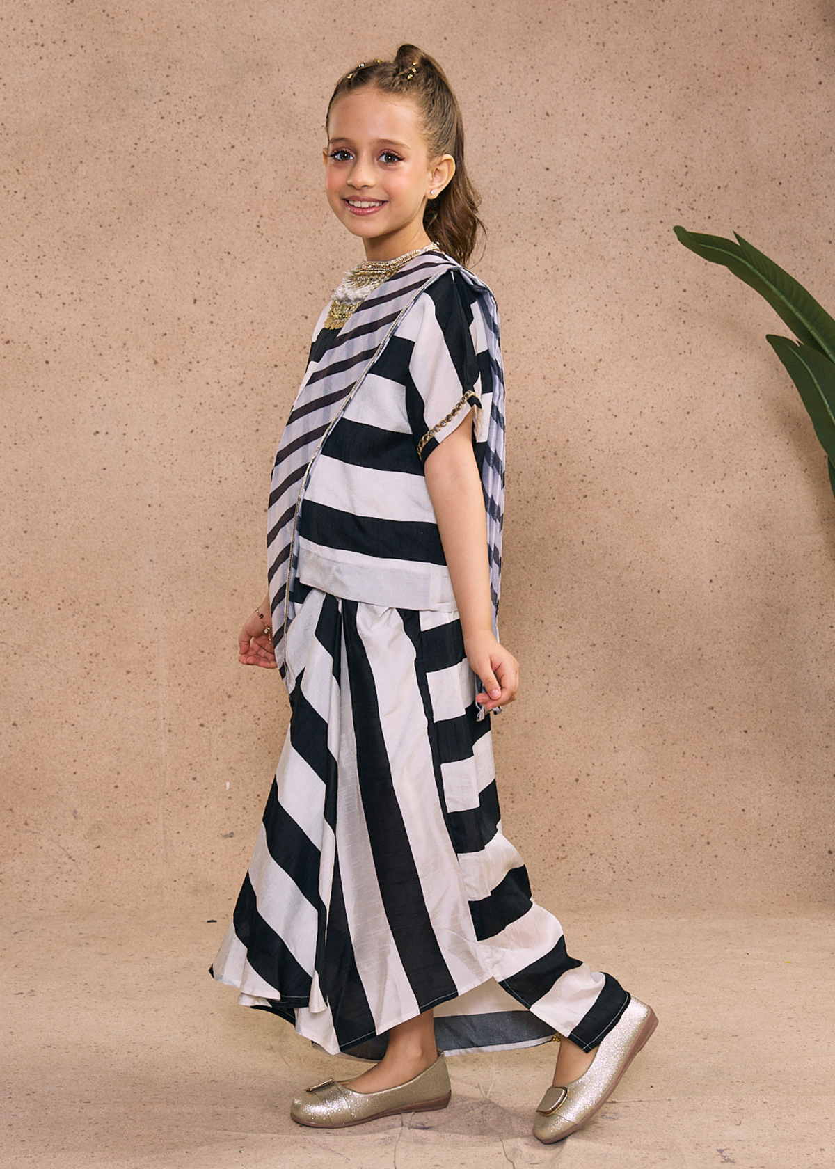 Zoey Stripe Girls Embellished Top & Drape Skirt with Detachable Drape (Set of 3 pcs)