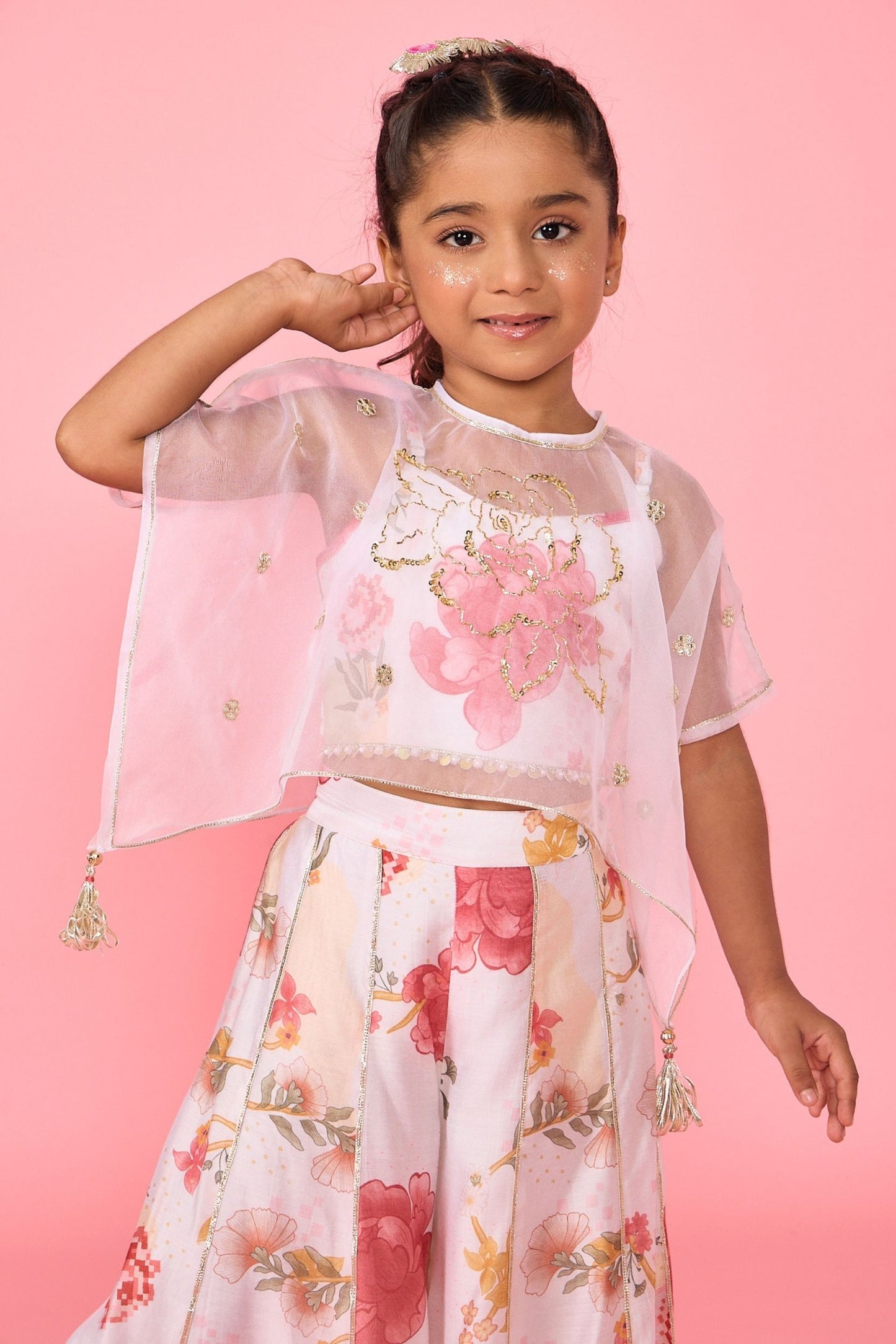 White Makrana Girls Embellished Cami Top Trouser With Cape ( 3 Pc Set)
