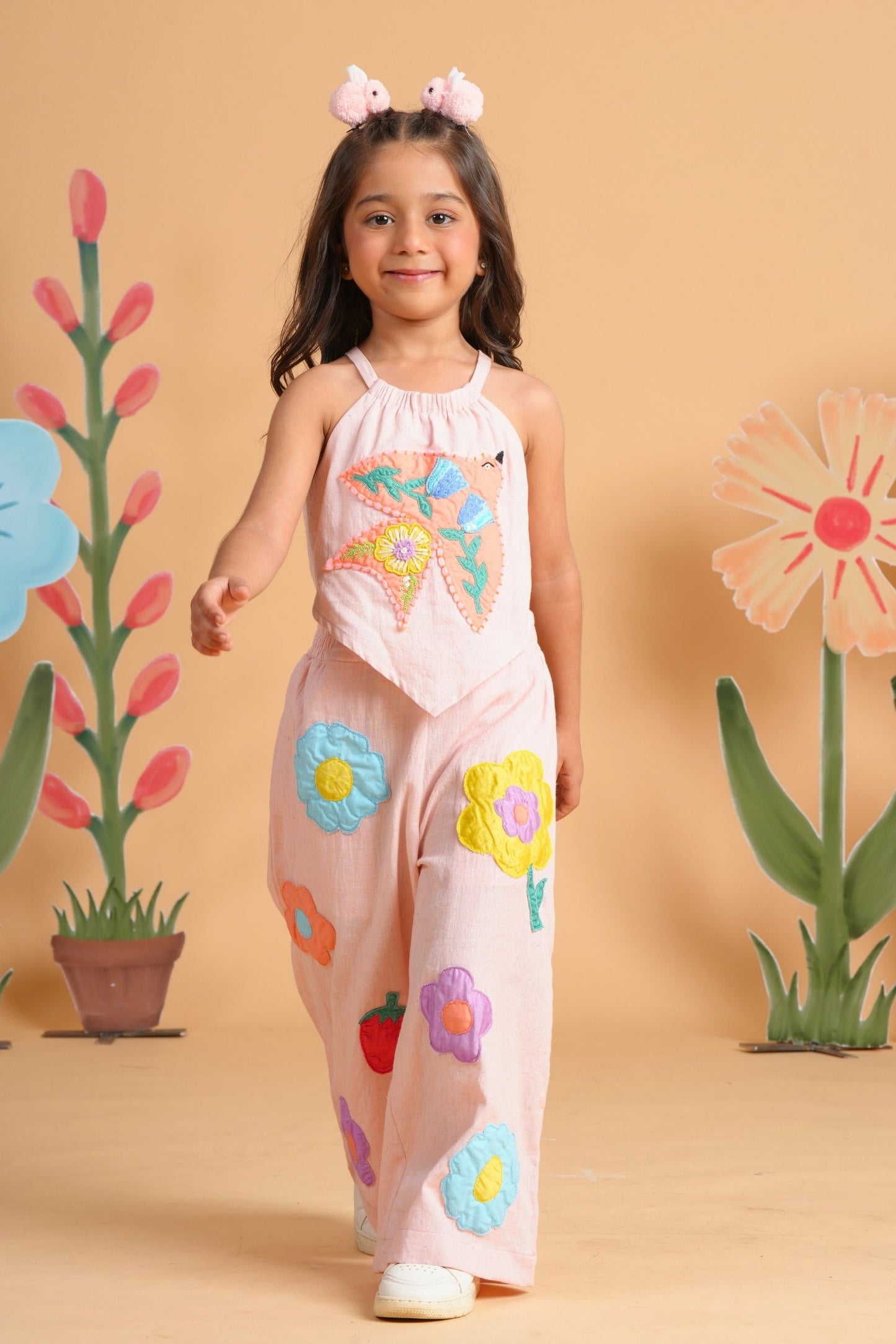 Kiki Pink Girls Embroidered Jumpsuit