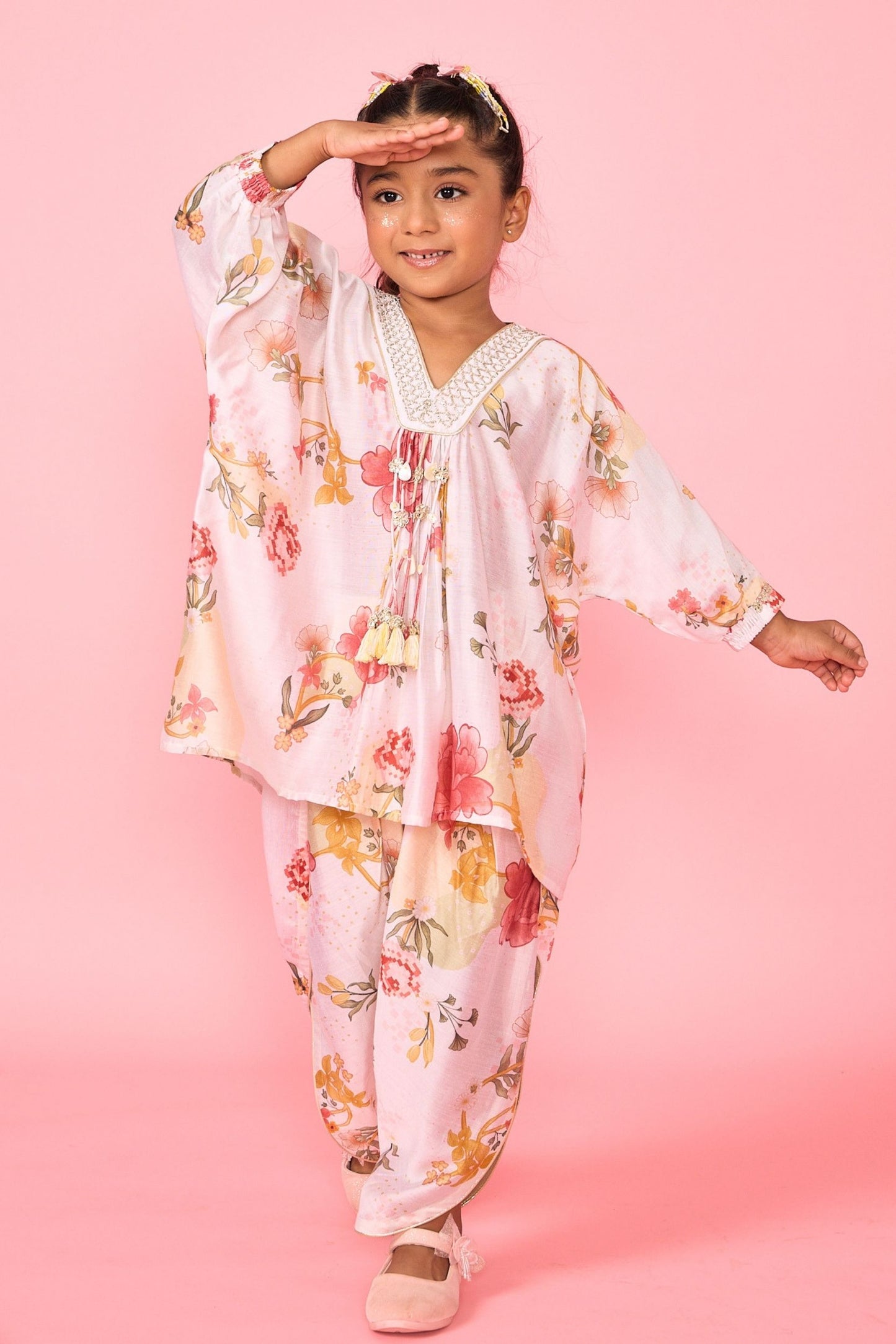 White Makrana Girls Embellished V-Neck Tunic & Trouser Coord ( 2 Pc Set)