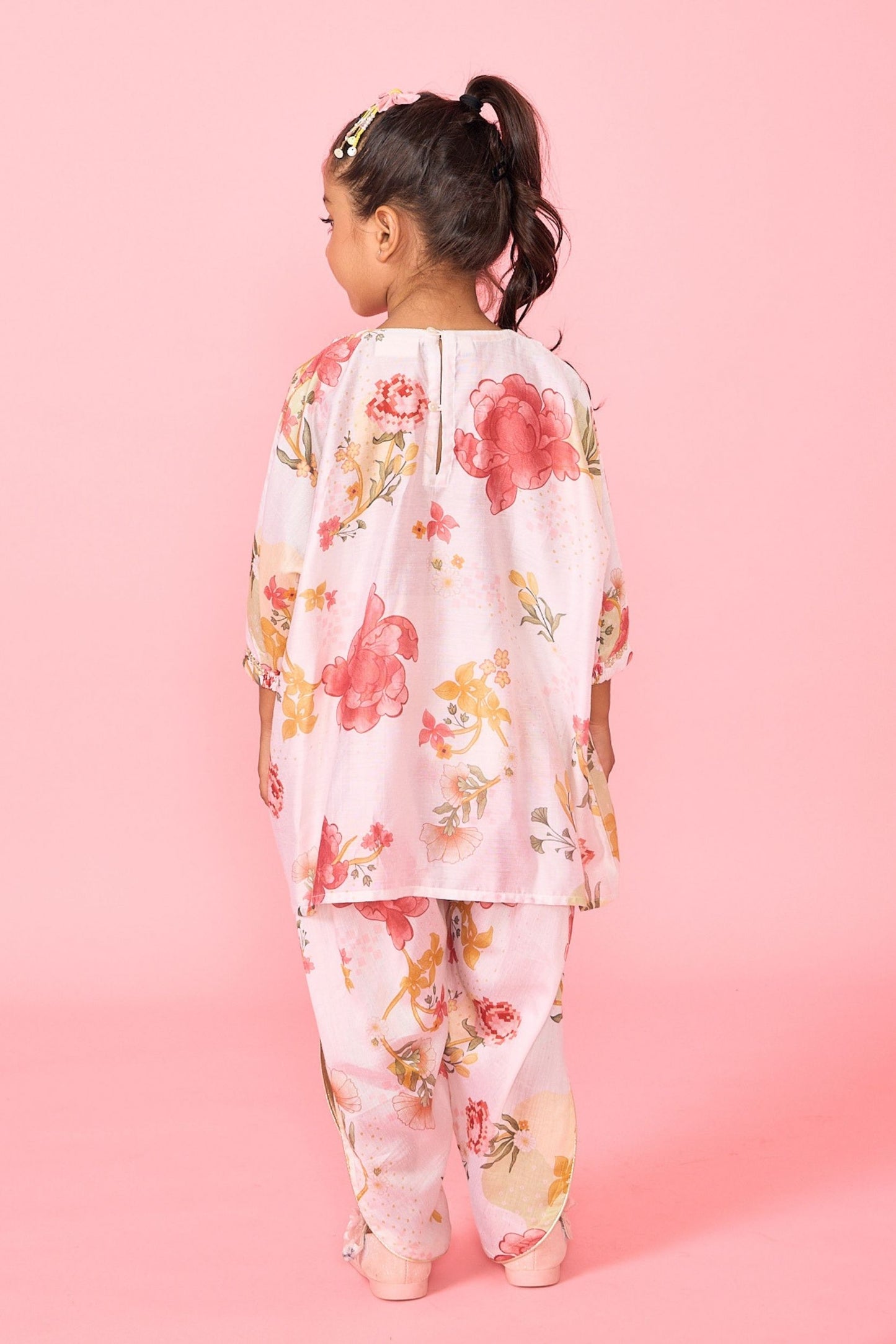 White Makrana Girls Embellished V-Neck Tunic & Trouser Coord ( 2 Pc Set)