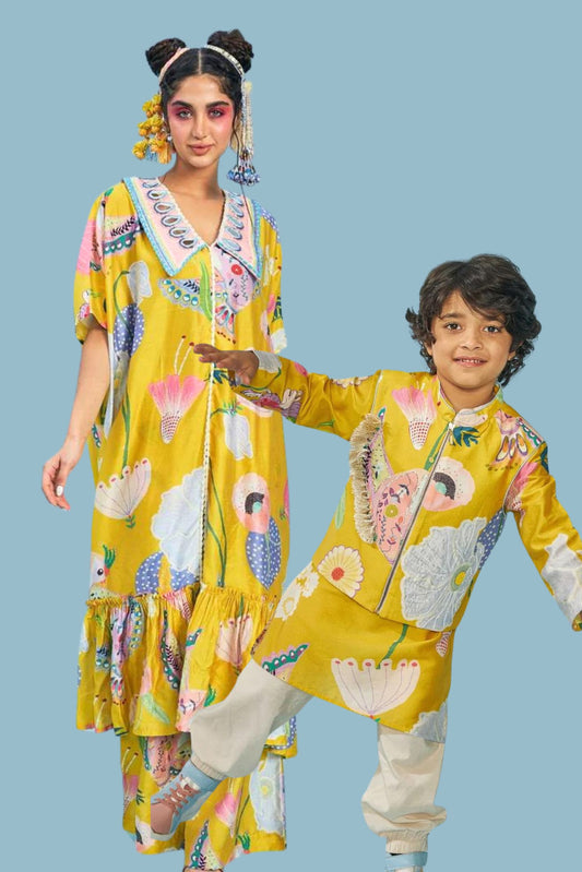 Mirror Embellished Collar Yellow Bloom Cape Set - Mom & Son