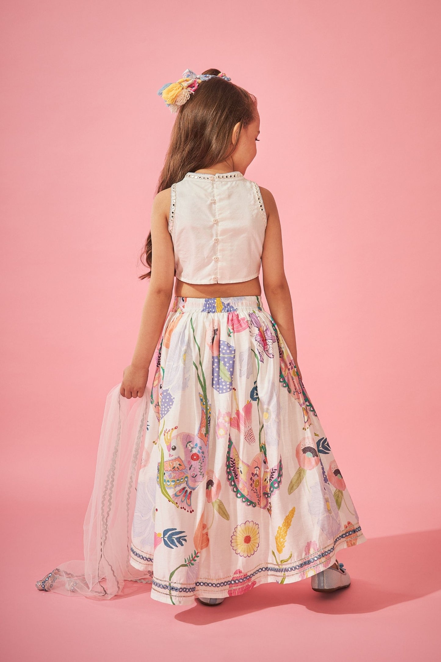 White Bloom Girls Skirt With Embellished Crop Top