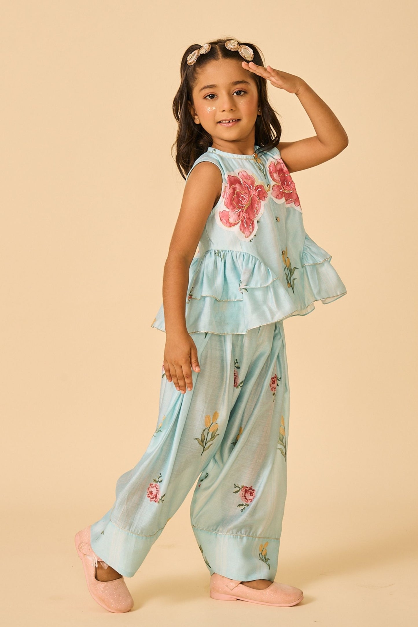 Blue Clay Embellished Girls Top & Trouser Coord ( 2 Pc Set)