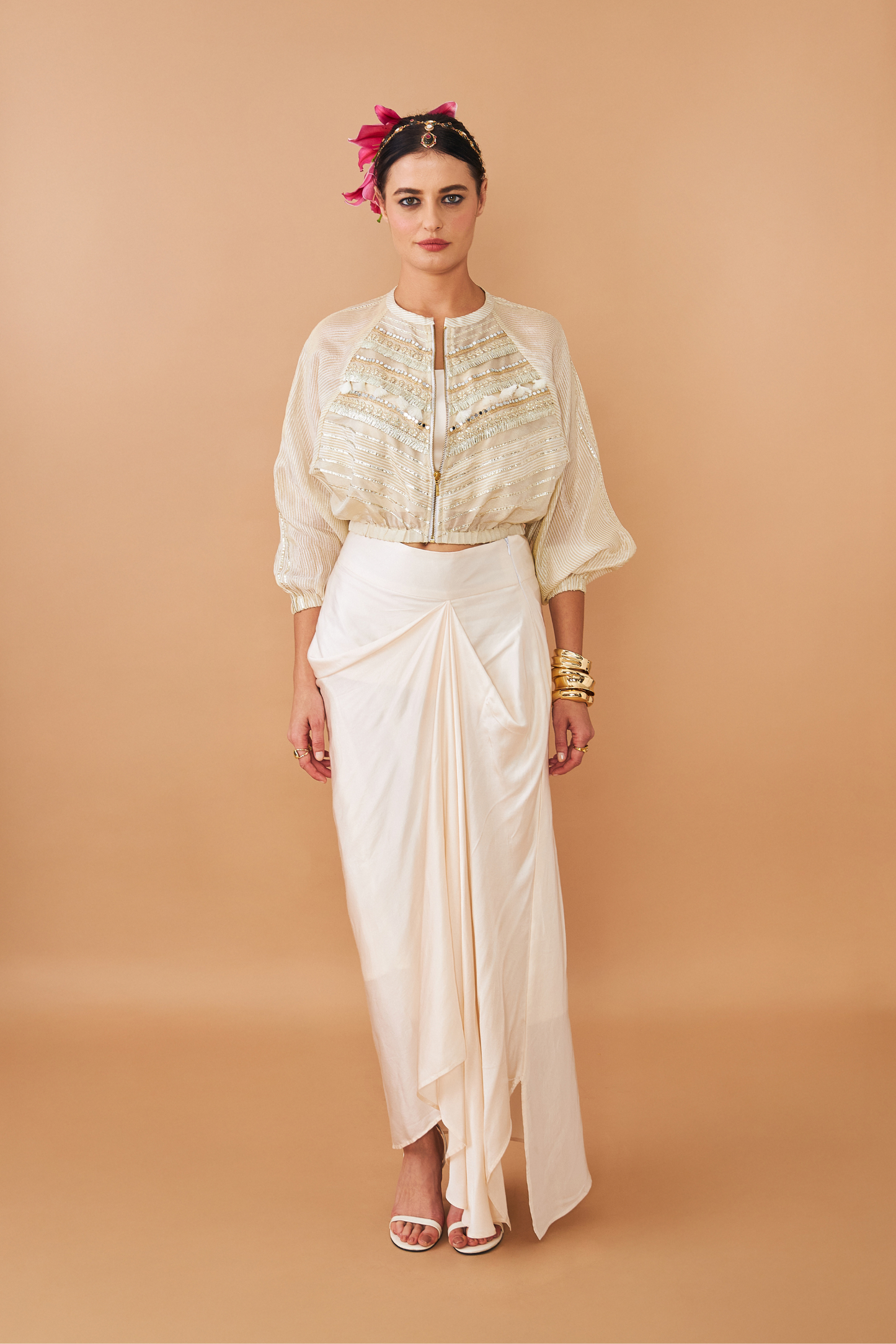 Alba Gold Ladies Embellished Jacket With Draped Skirt & Bustier (Set of 3 Pcs)