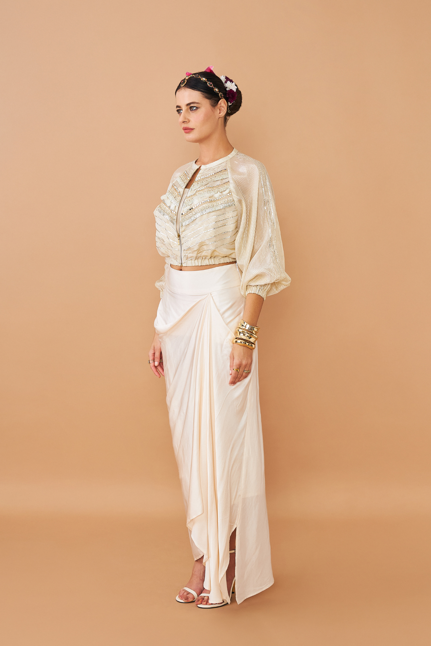 Alba Gold Ladies Embellished Jacket With Draped Skirt & Bustier (Set of 3 Pcs)