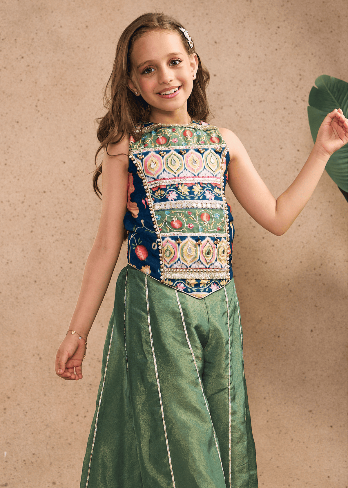 Melanie Stripe Girls Embellished Long Top, Flared Pants & Dupatta (Set of 3 pcs)