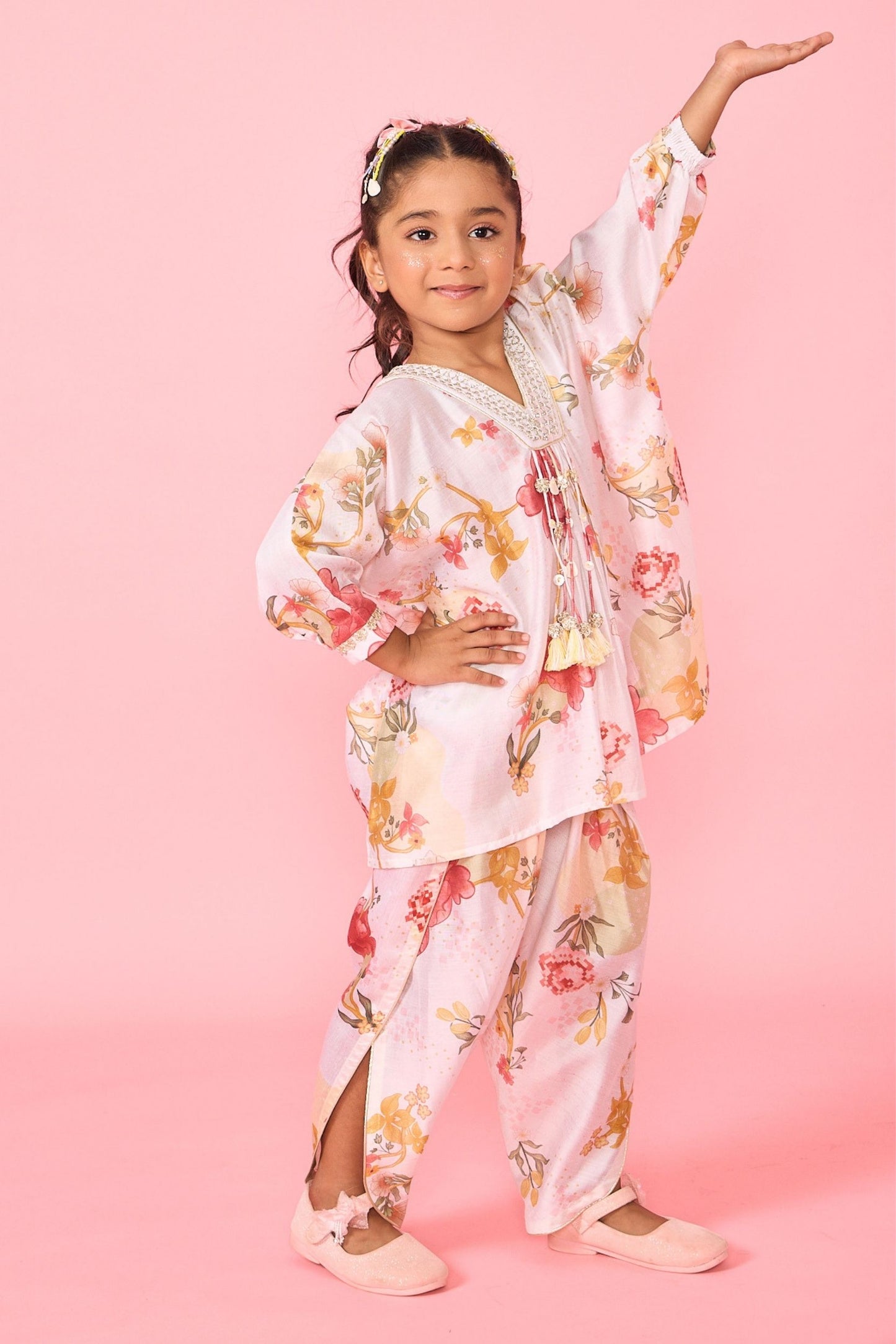 White Makrana Girls Embellished V-Neck Tunic & Trouser Coord ( 2 Pc Set)