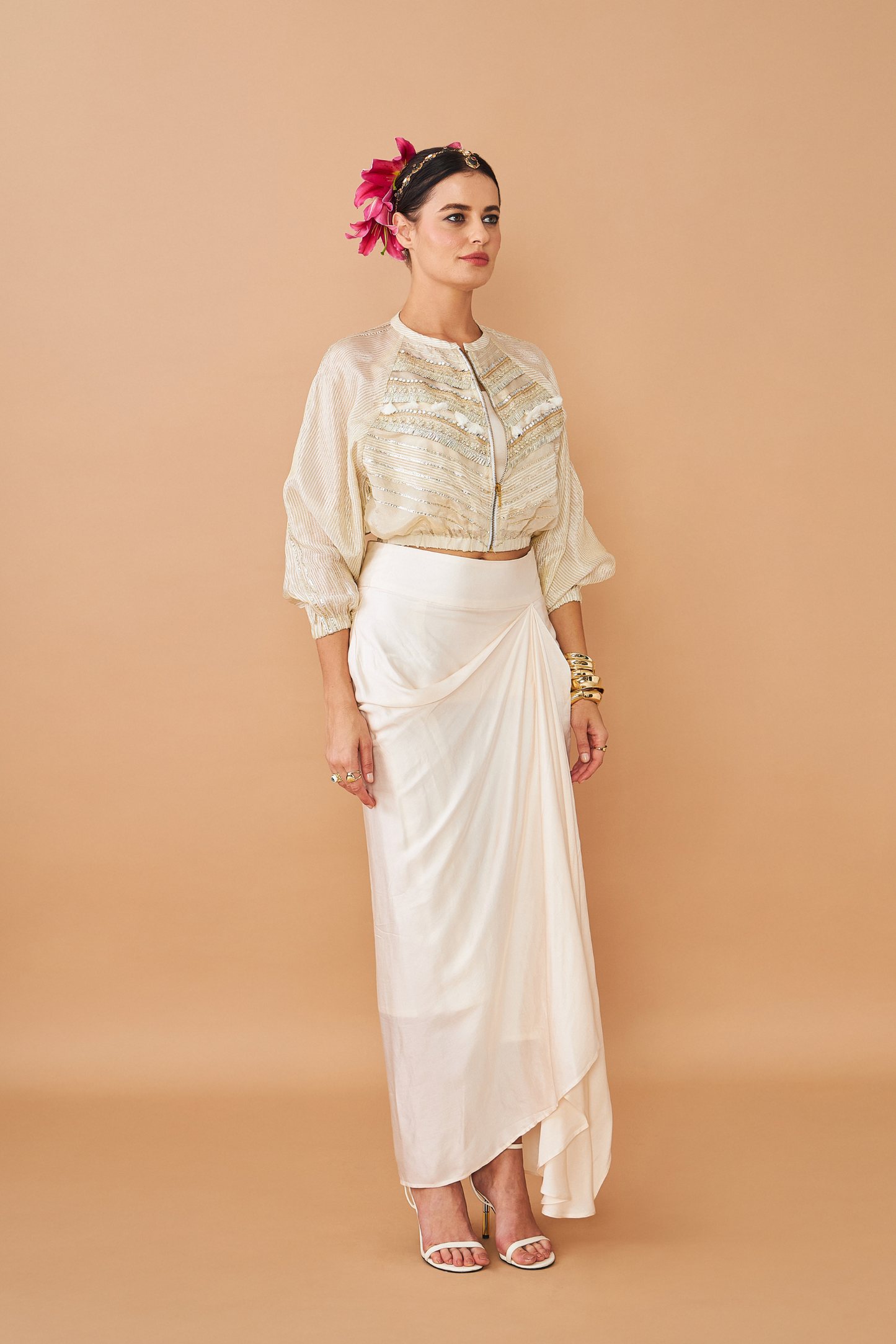 Alba Gold Ladies Embellished Jacket With Draped Skirt & Bustier (Set of 3 Pcs)