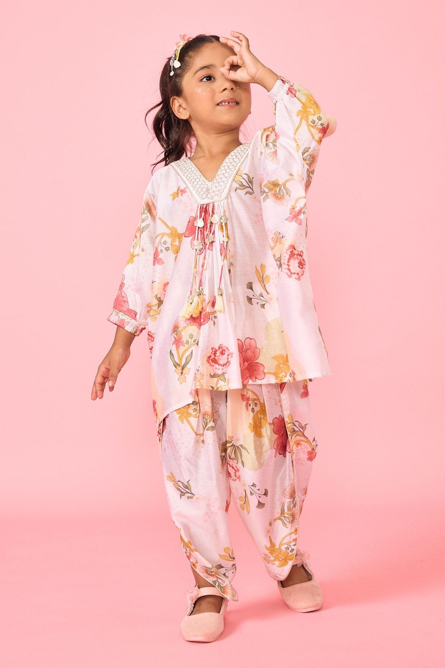 White Makrana Girls Embellished V-Neck Tunic & Trouser Coord ( 2 Pc Set)