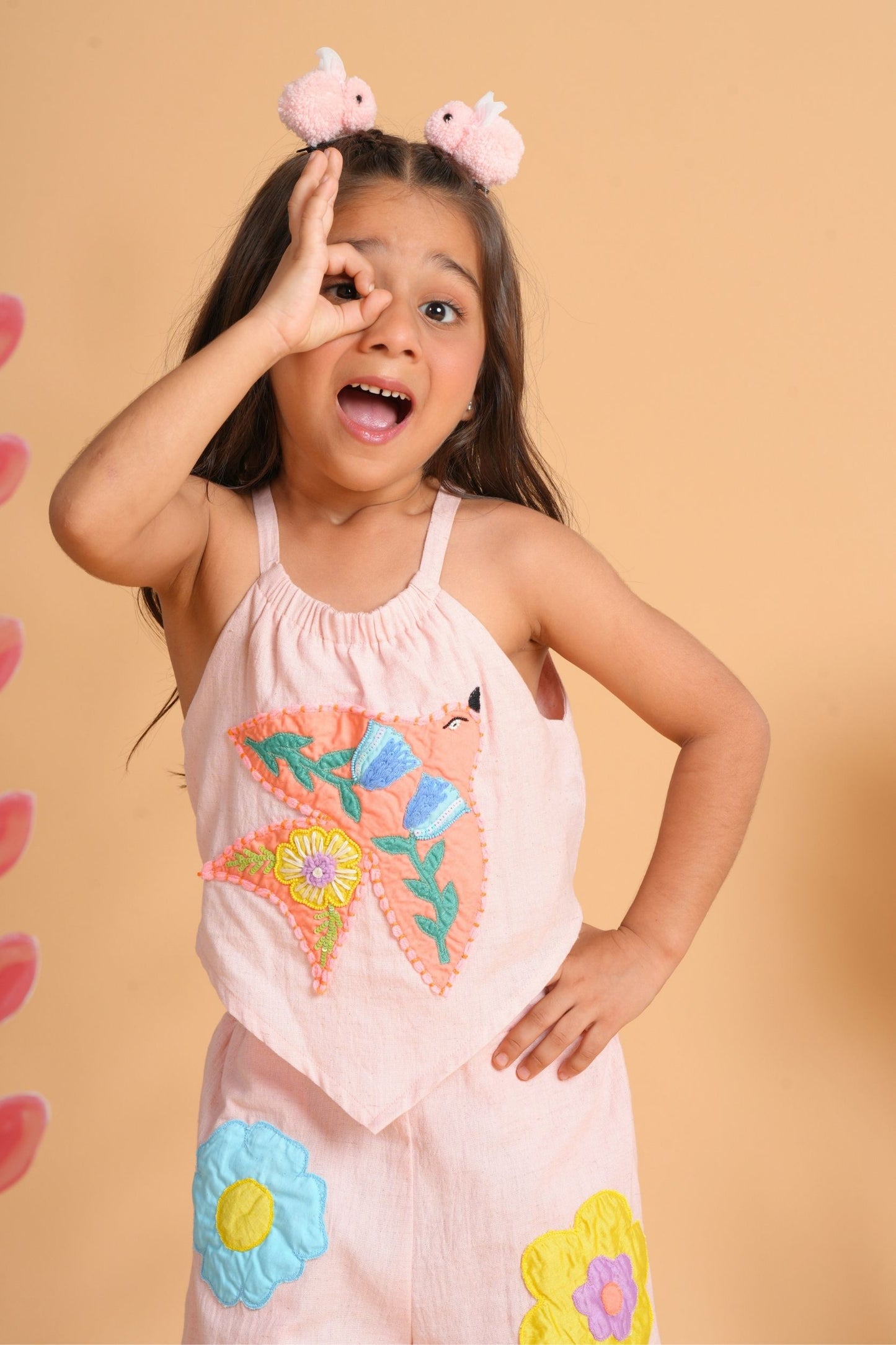 Kiki Pink Girls Embroidered Jumpsuit
