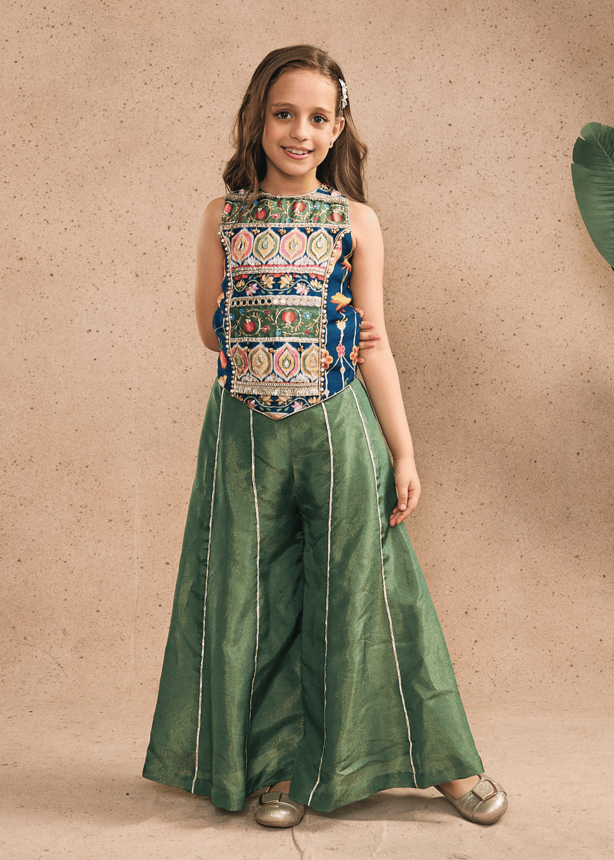 Melanie Stripe Girls Embellished Long Top, Flared Pants & Dupatta (Set of 3 pcs)