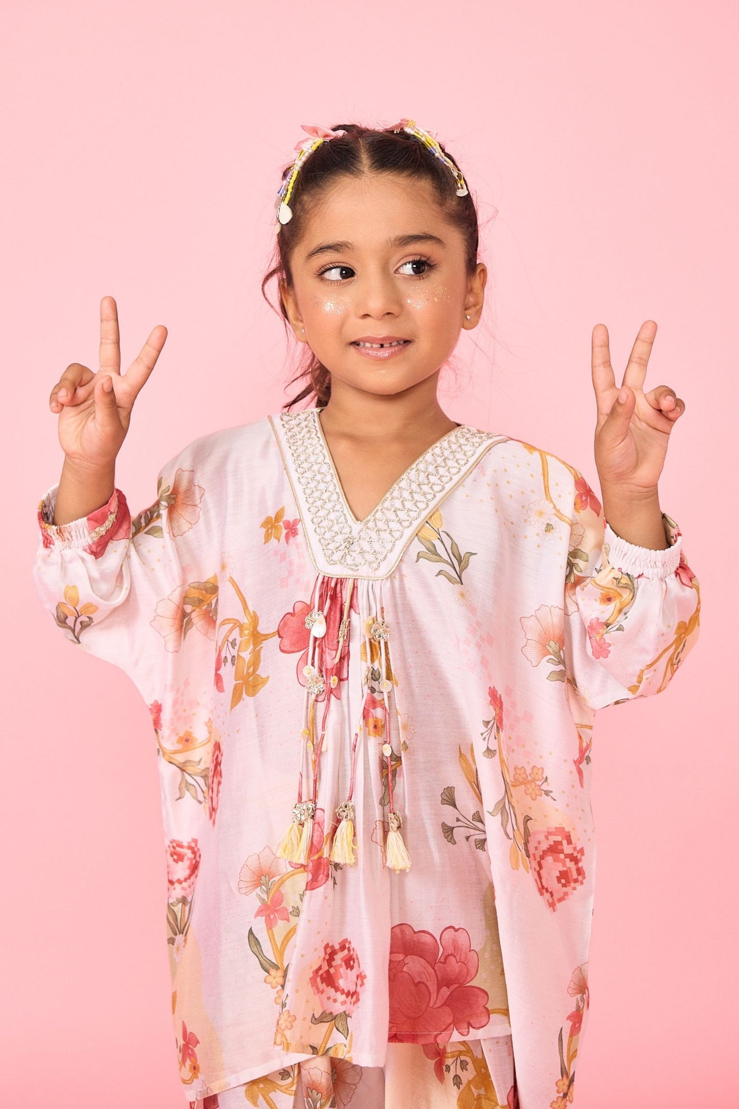White Makrana Girls Embellished V-Neck Tunic & Trouser Coord ( 2 Pc Set)