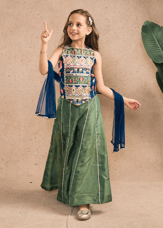 Melanie Stripe Girls Embellished Long Top, Flared Pants & Dupatta (Set of 3 pcs)