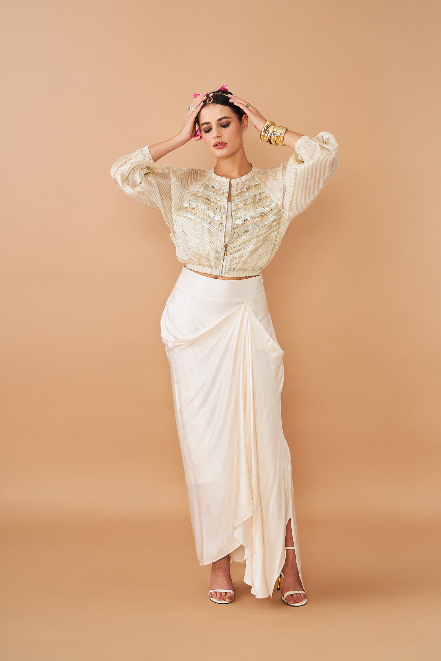 Alba Gold Ladies Embellished Jacket With Draped Skirt & Bustier (Set of 3 Pcs)