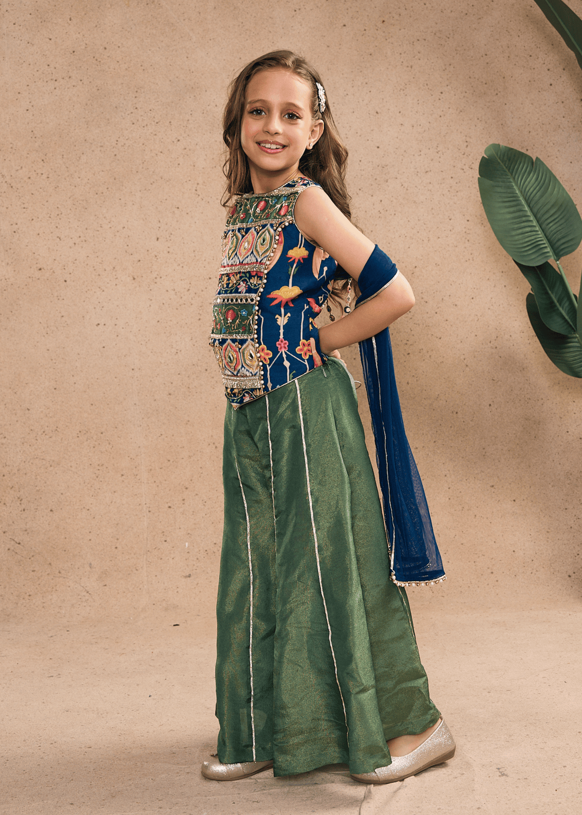 Melanie Stripe Girls Embellished Long Top, Flared Pants & Dupatta (Set of 3 pcs)