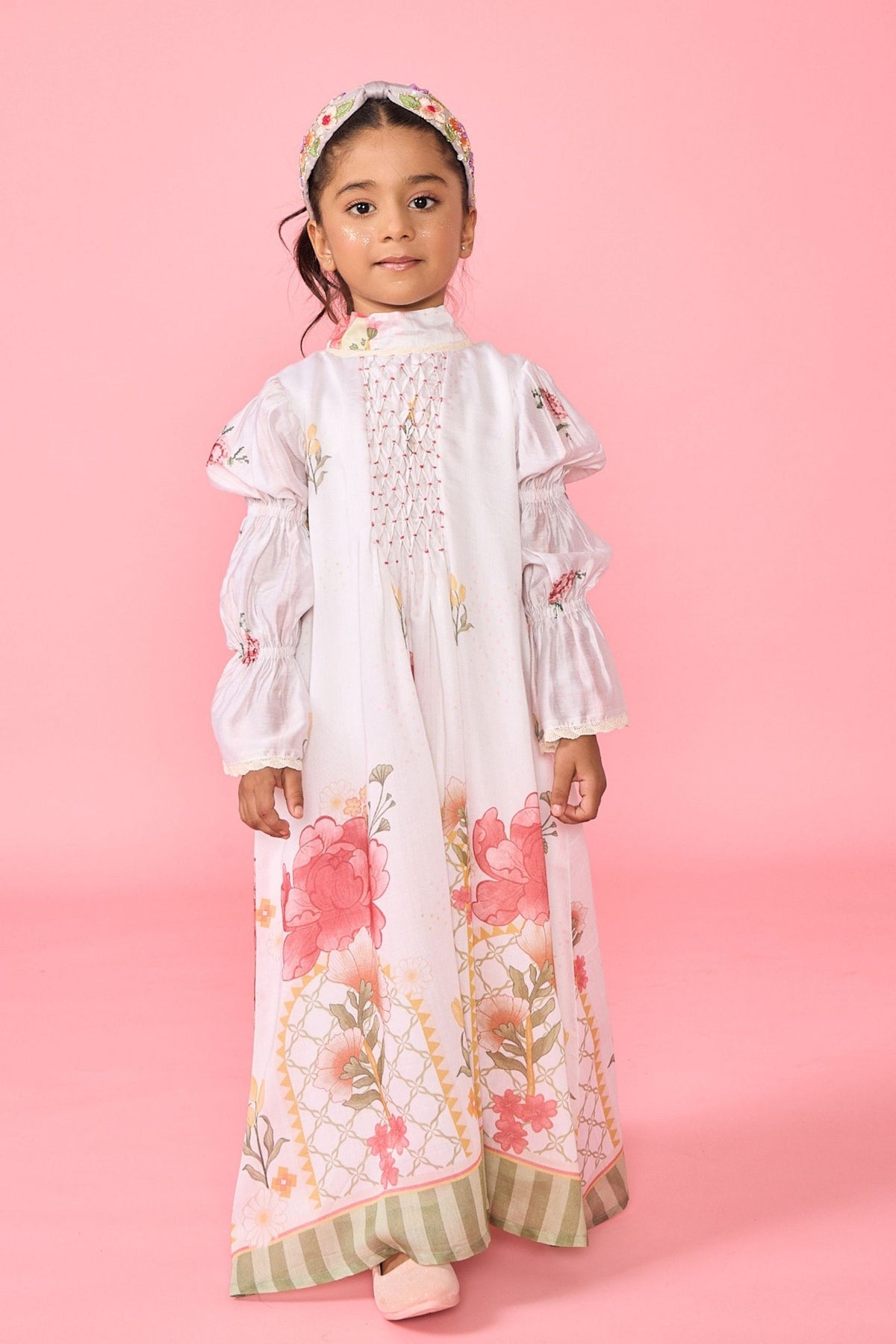 White Makrana Smocked Girls Long Dress