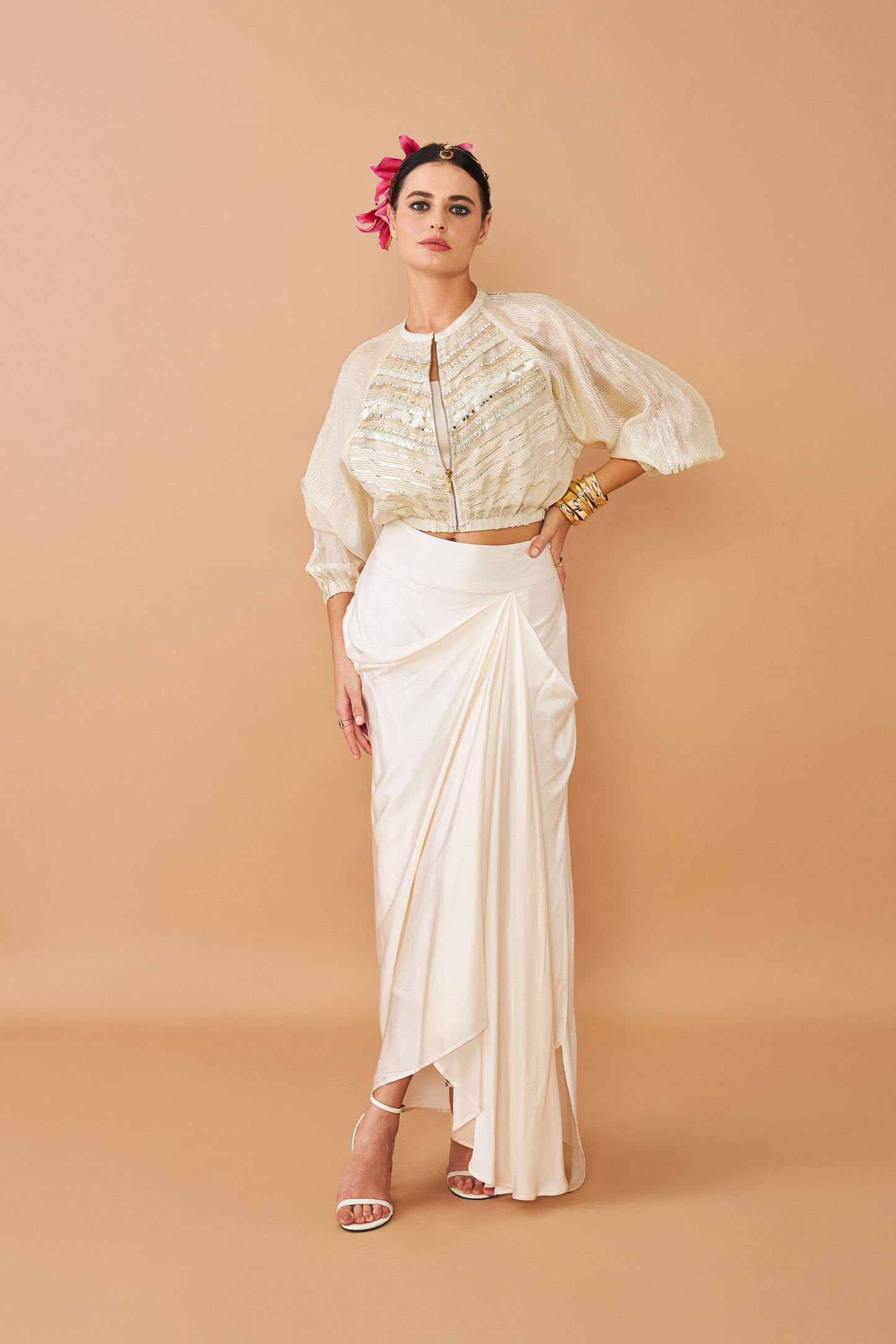 Alba Gold Ladies Embellished Jacket With Draped Skirt & Bustier (Set of 3 Pcs)