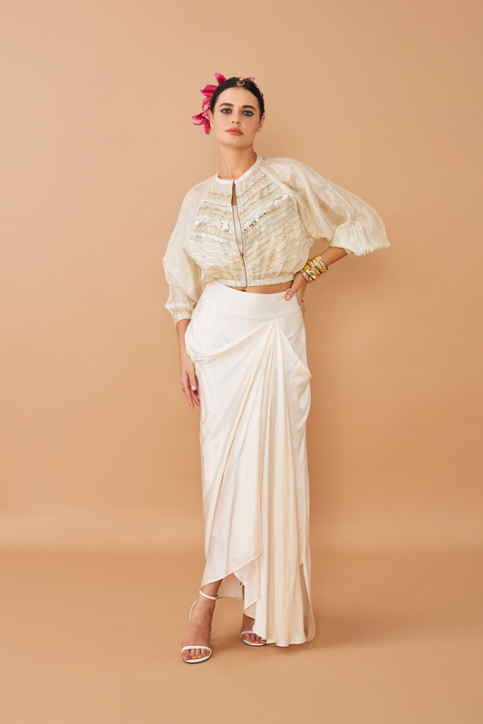 Alba Gold Ladies Embellished Jacket With Draped Skirt & Bustier (Set of 3 Pcs)