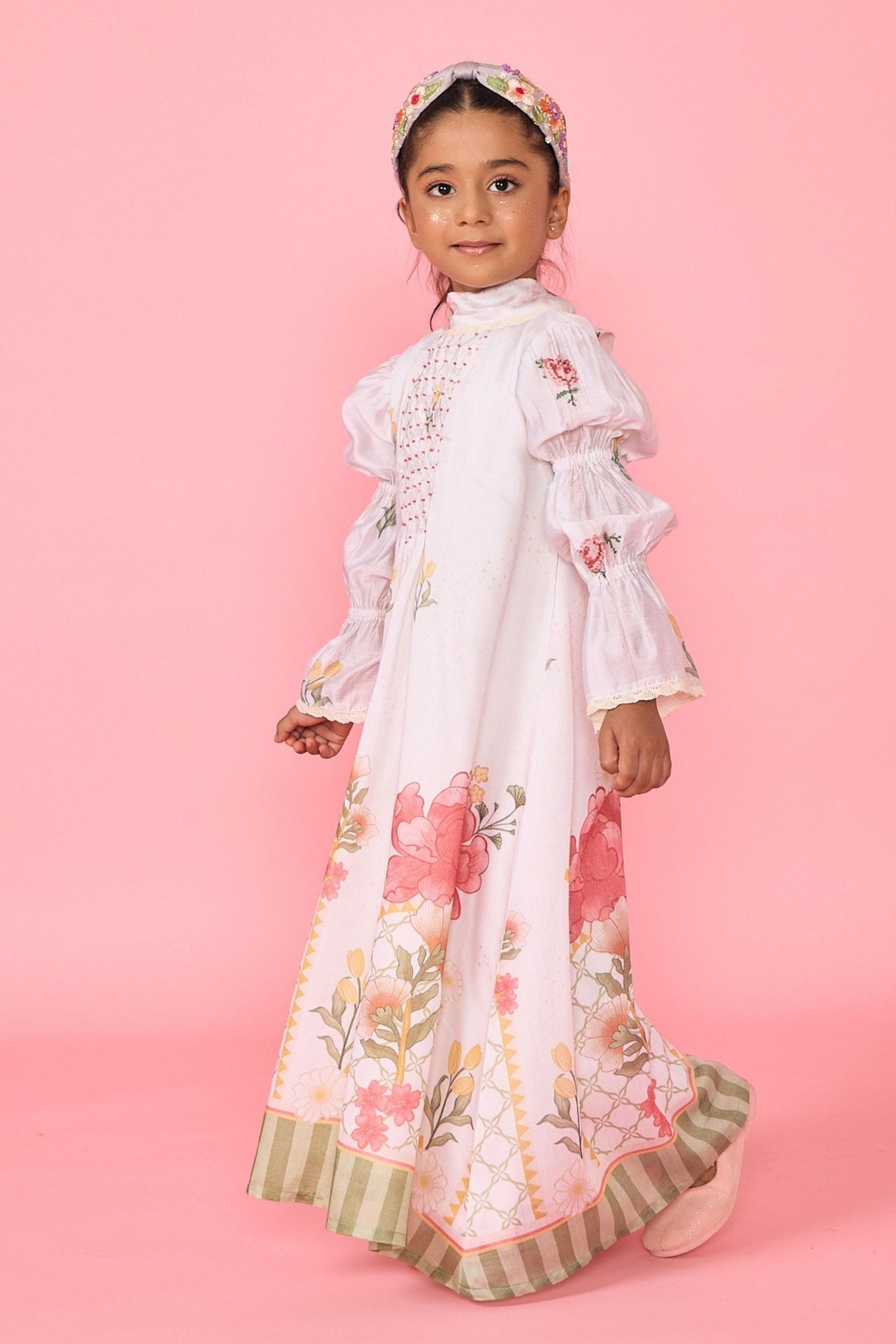 White Makrana Smocked Girls Long Dress