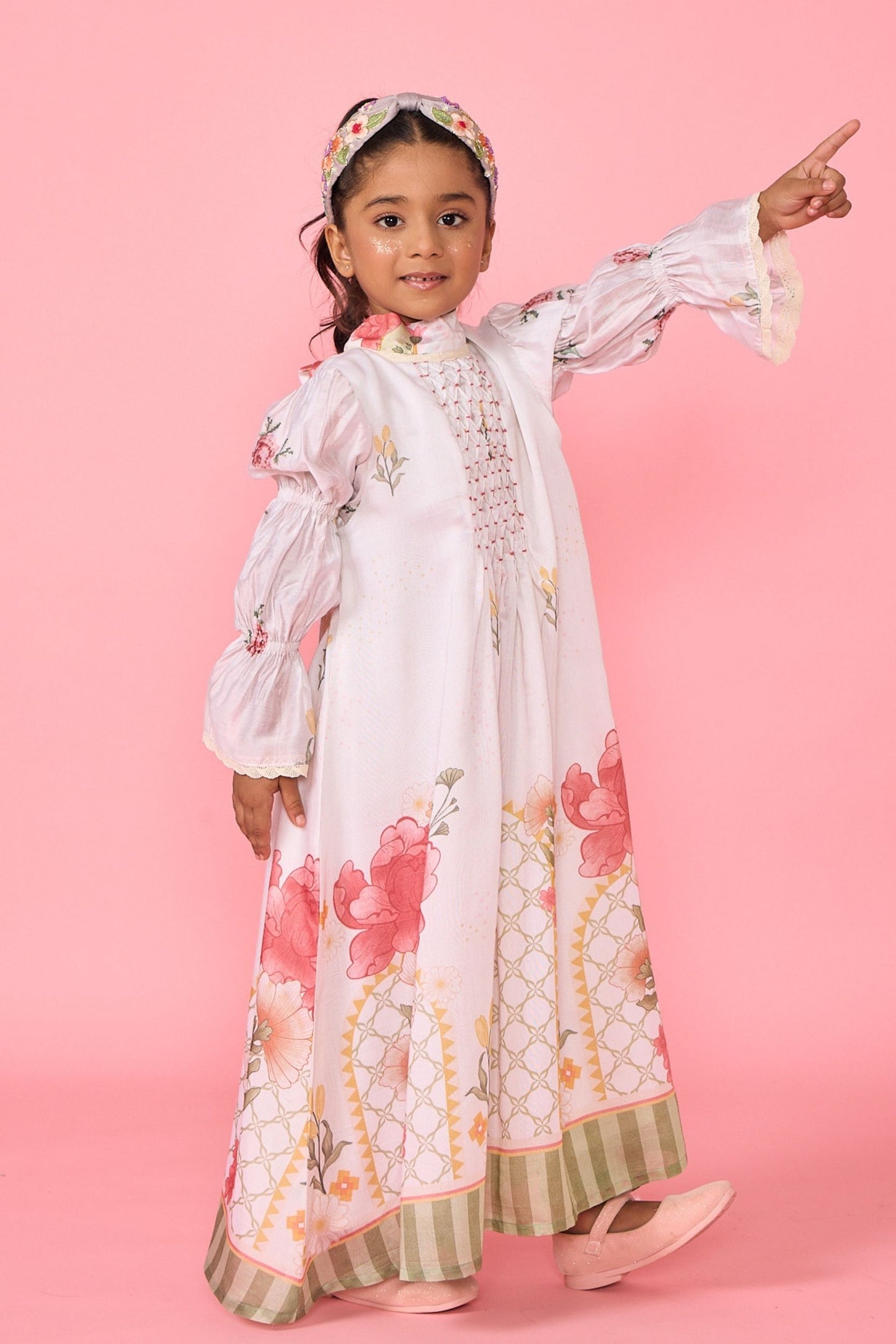 White Makrana Smocked Girls Long Dress