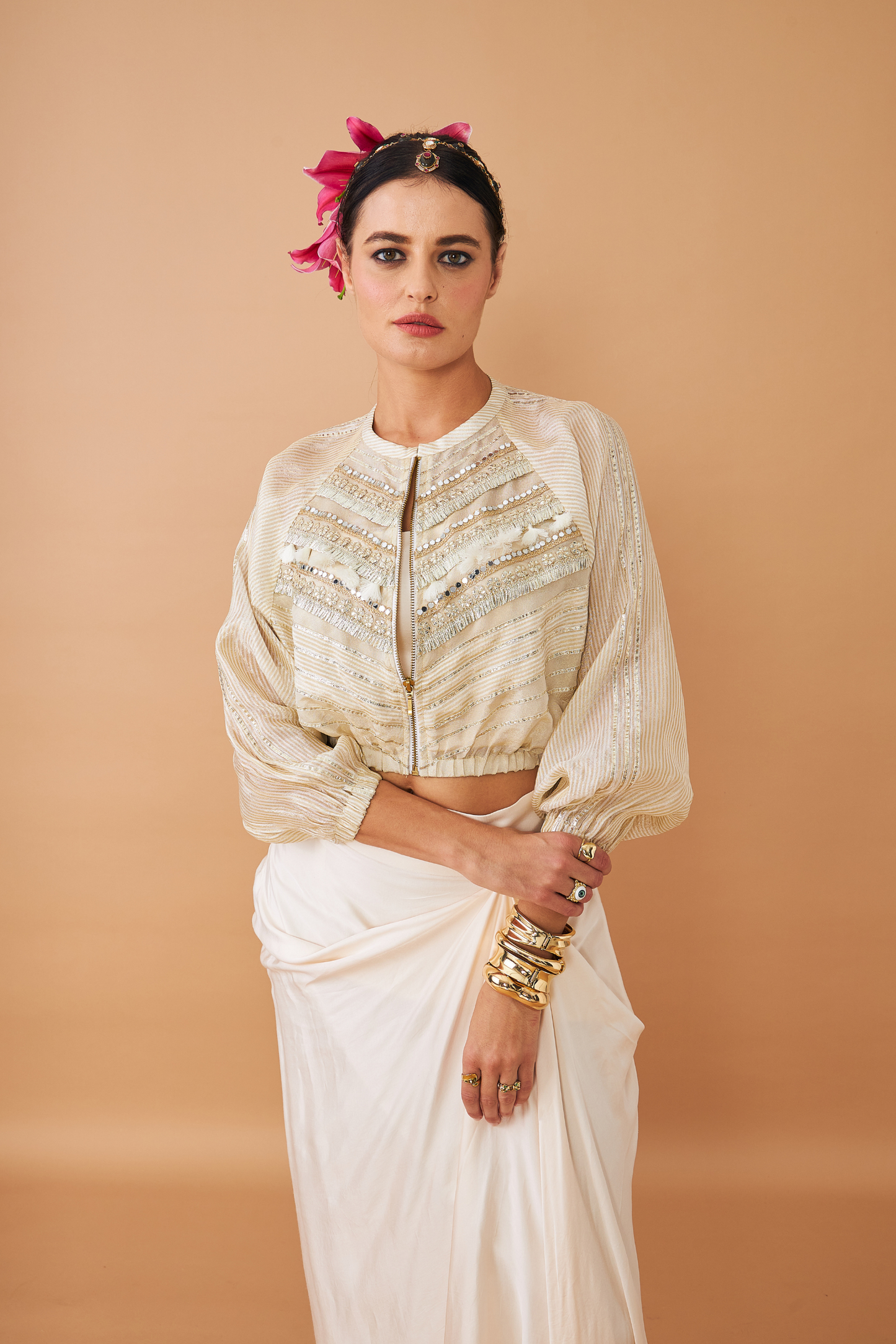 Alba Gold Ladies Embellished Jacket With Draped Skirt & Bustier (Set of 3 Pcs)