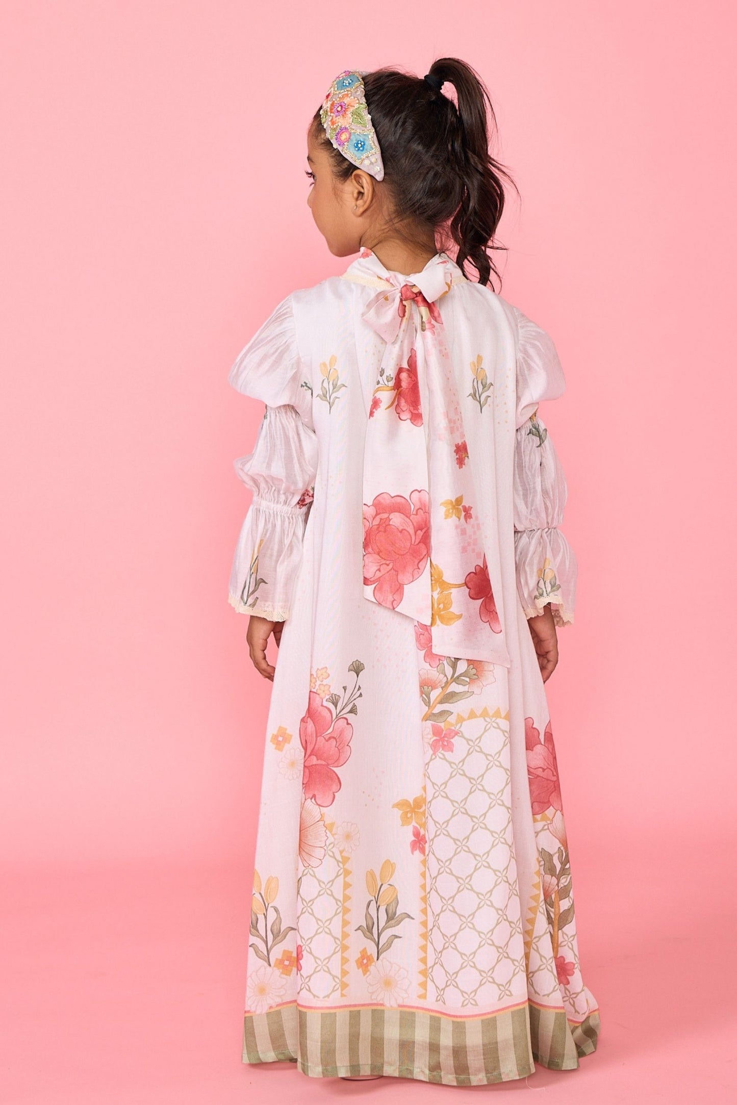 White Makrana Smocked Girls Long Dress