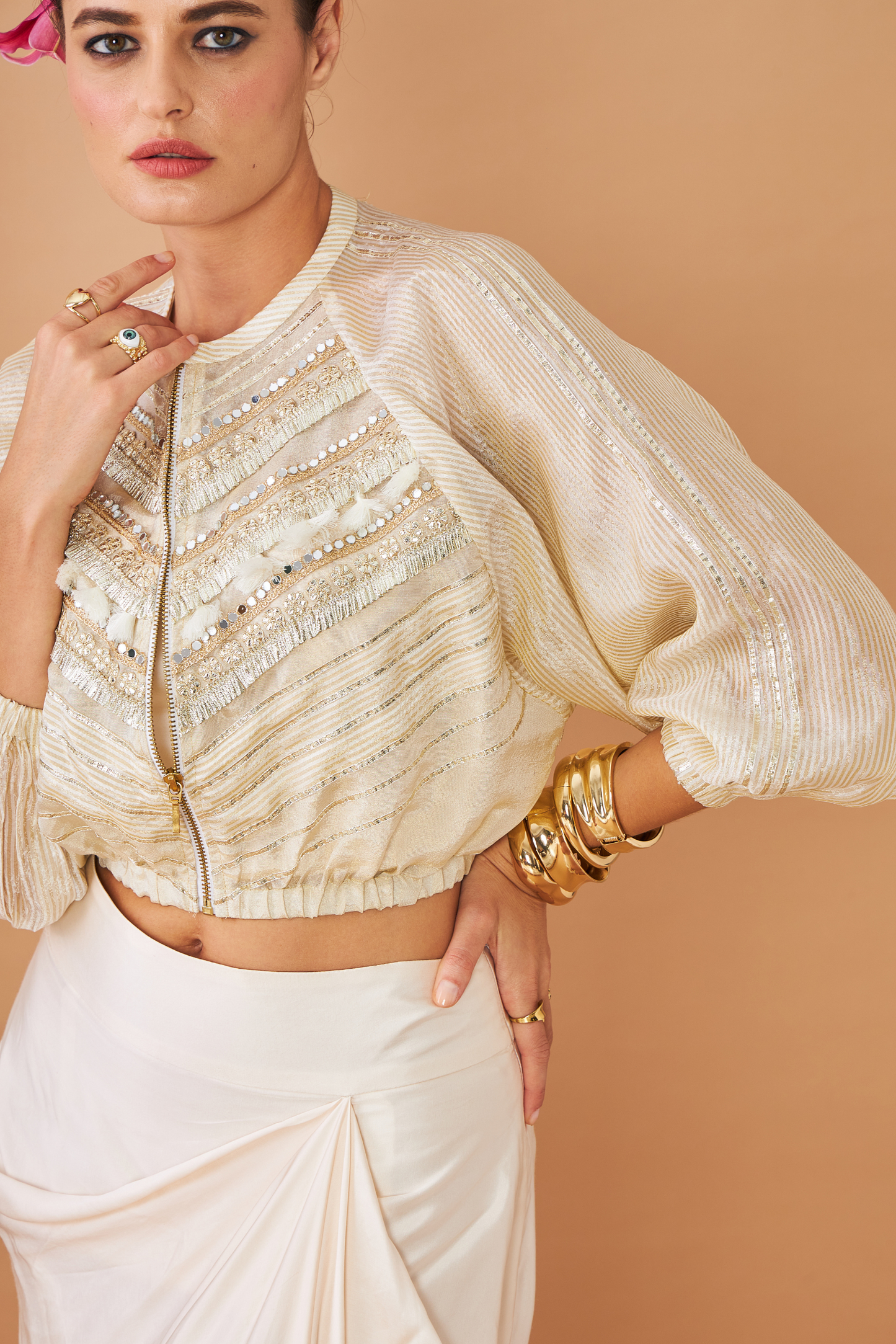 Alba Gold Ladies Embellished Jacket With Draped Skirt & Bustier (Set of 3 Pcs)