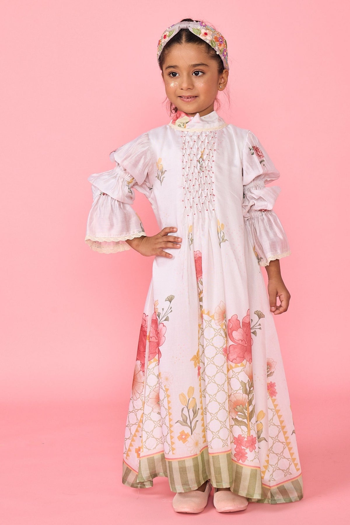 White Makrana Smocked Girls Long Dress