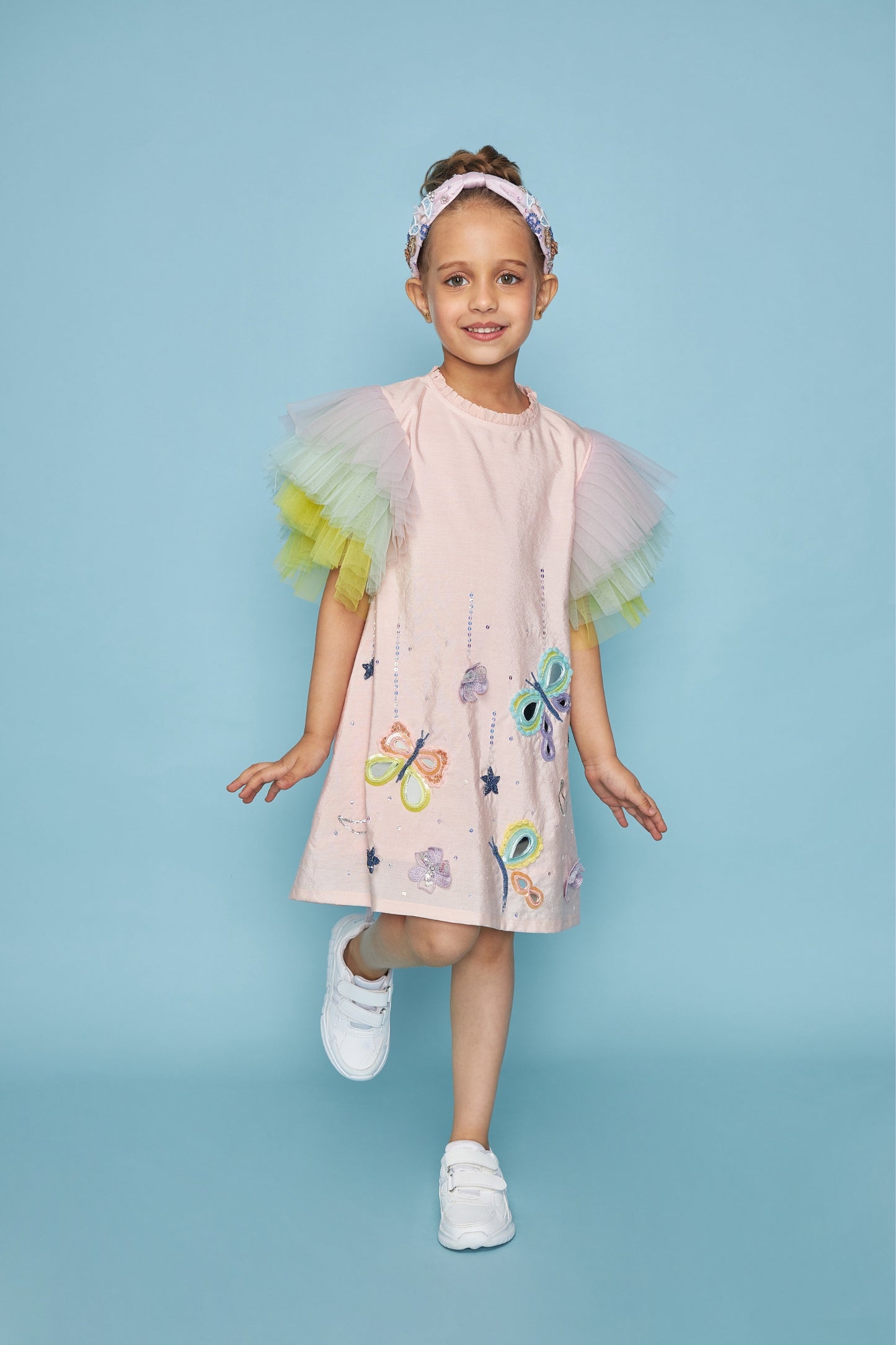 Butterfly Frill Sleeve Kids Embellished Dress Bloom