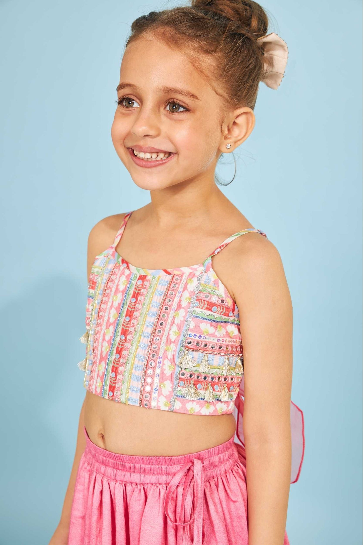 Candy Stripe Girls Embellished Crop Top With Strawberry Embellished Skirt  (3 Pc Set)