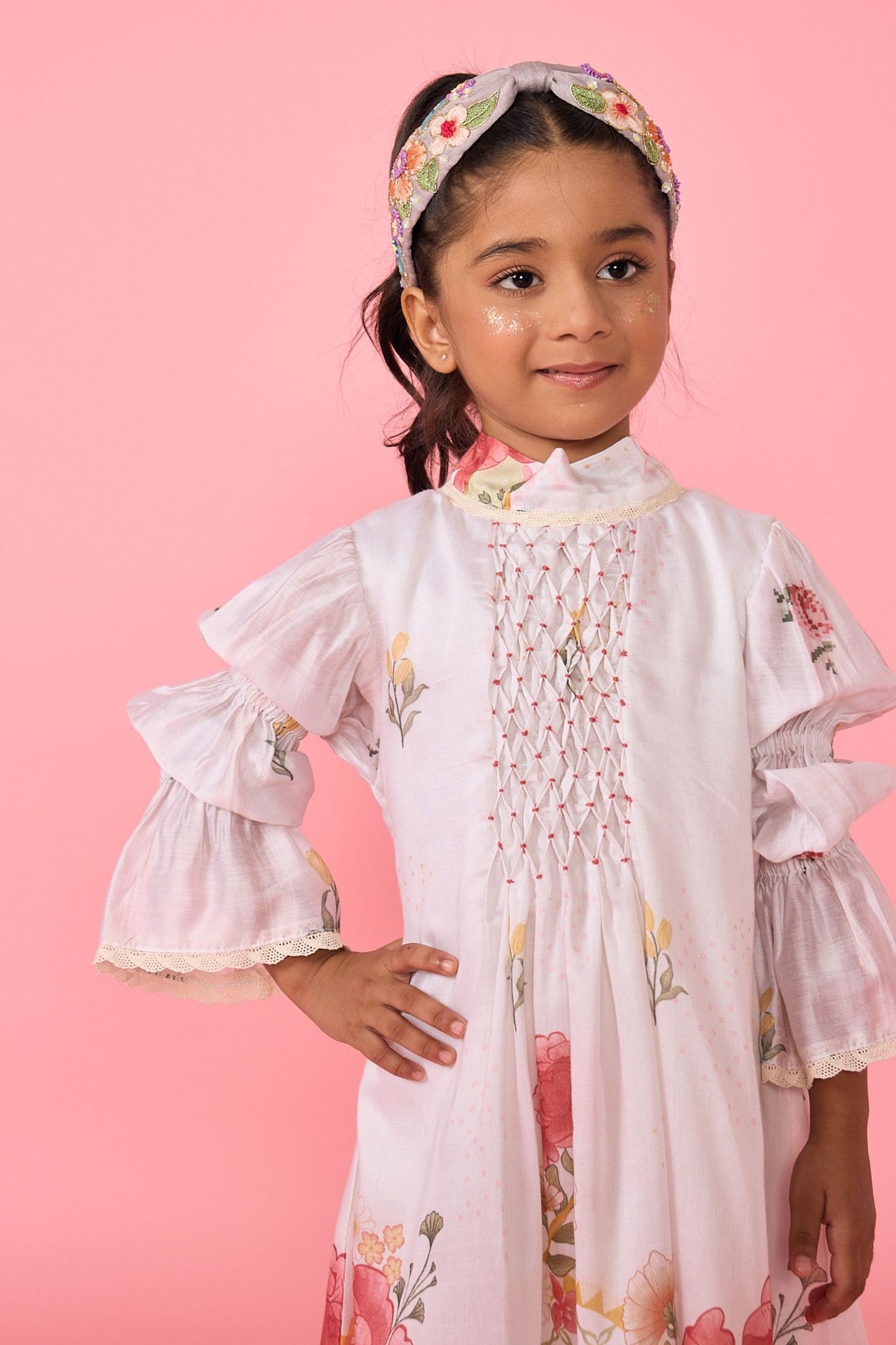White Makrana Smocked Girls Long Dress