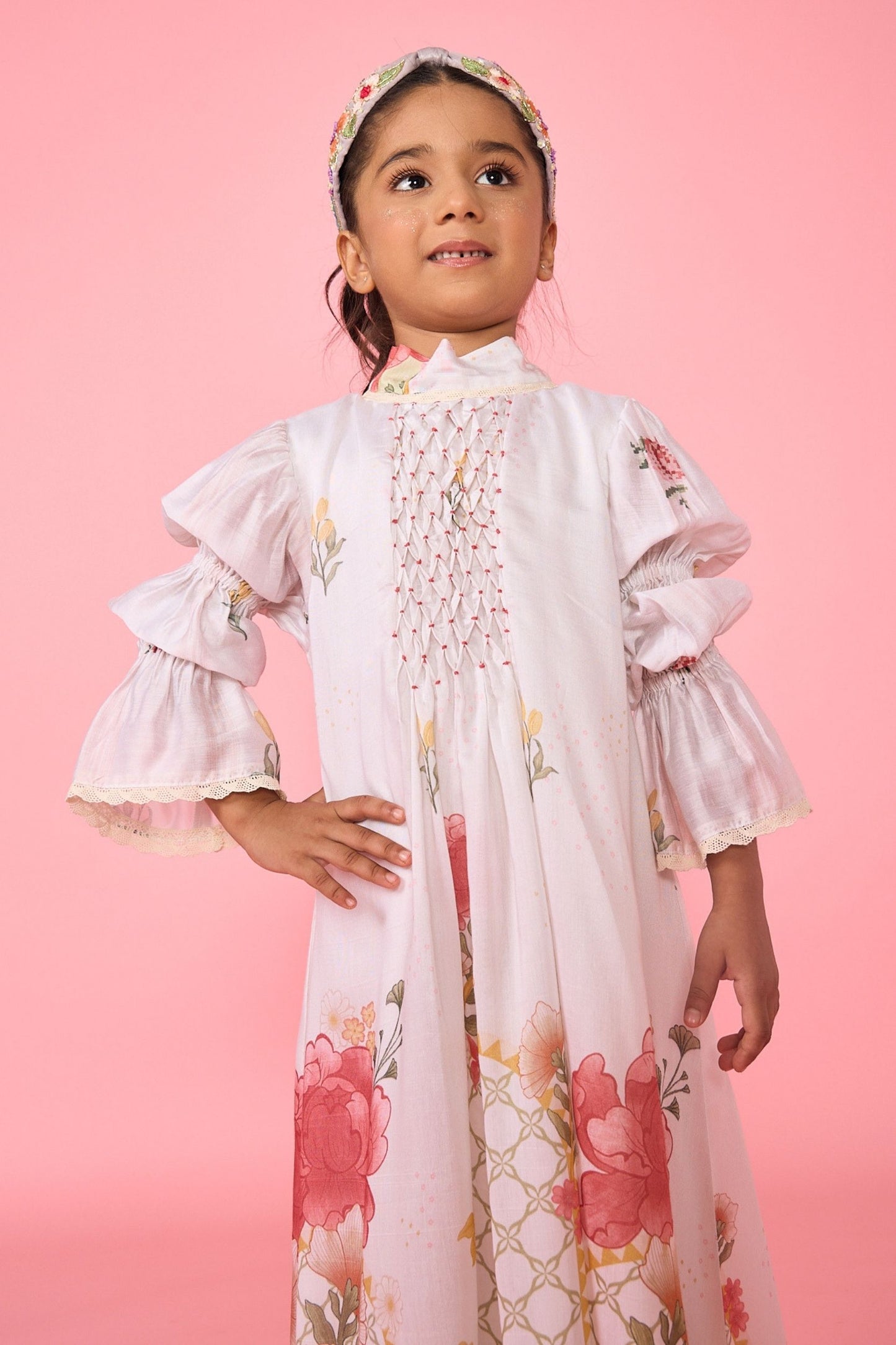 White Makrana Smocked Girls Long Dress