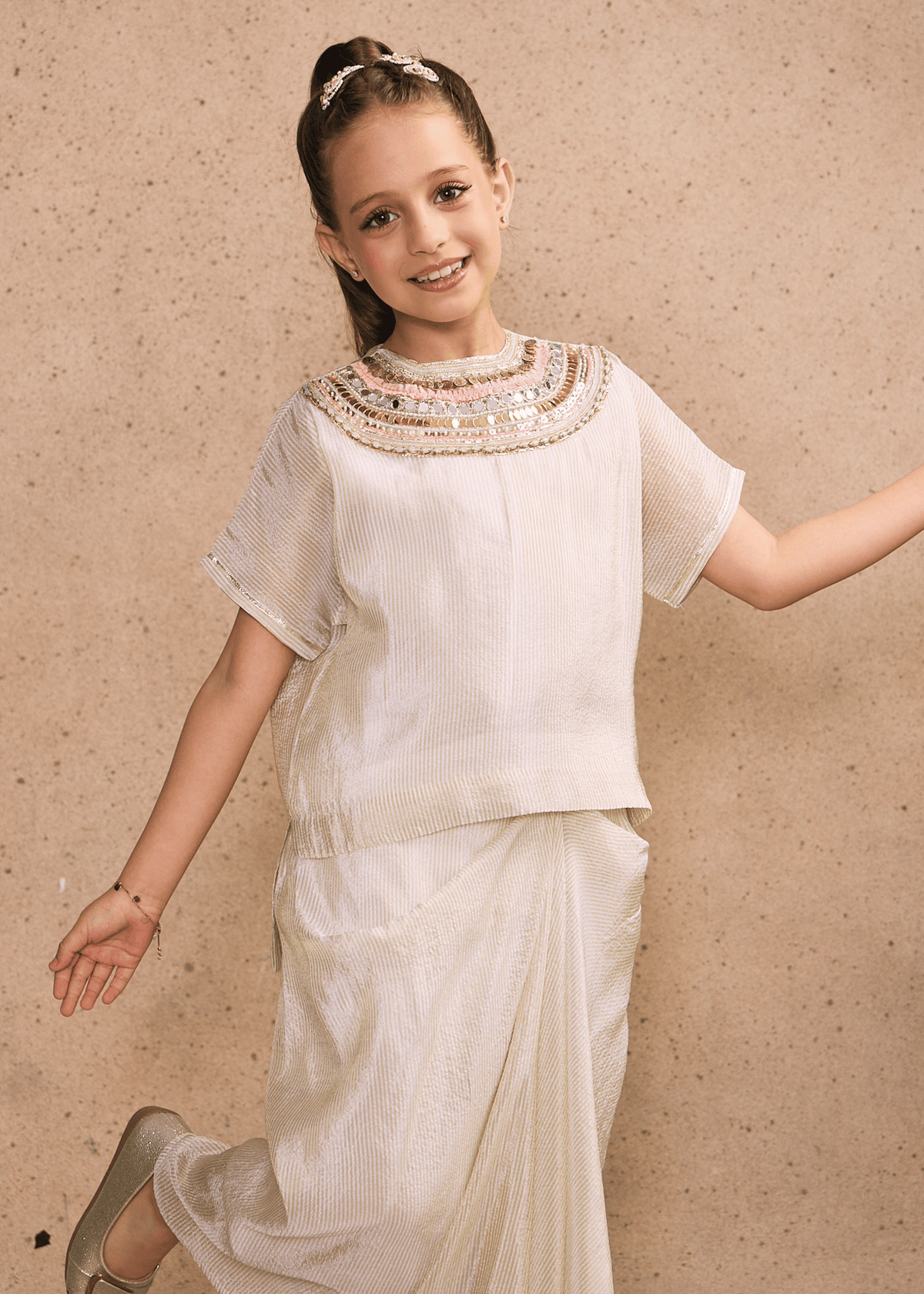 Ivory Girls Embellished High-low Top & Draped Skirt