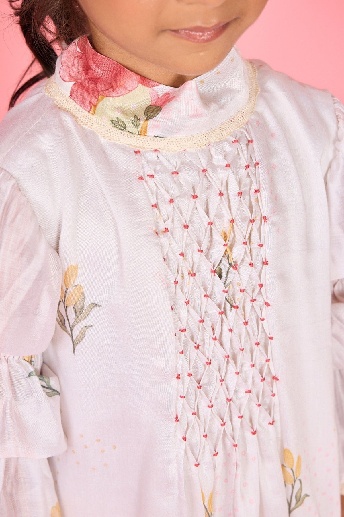 White Makrana Smocked Girls Long Dress
