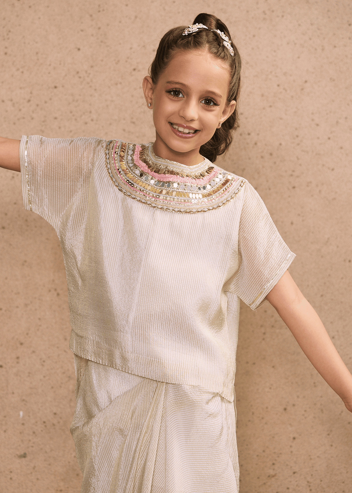 Ivory Girls Embellished High-low Top & Draped Skirt