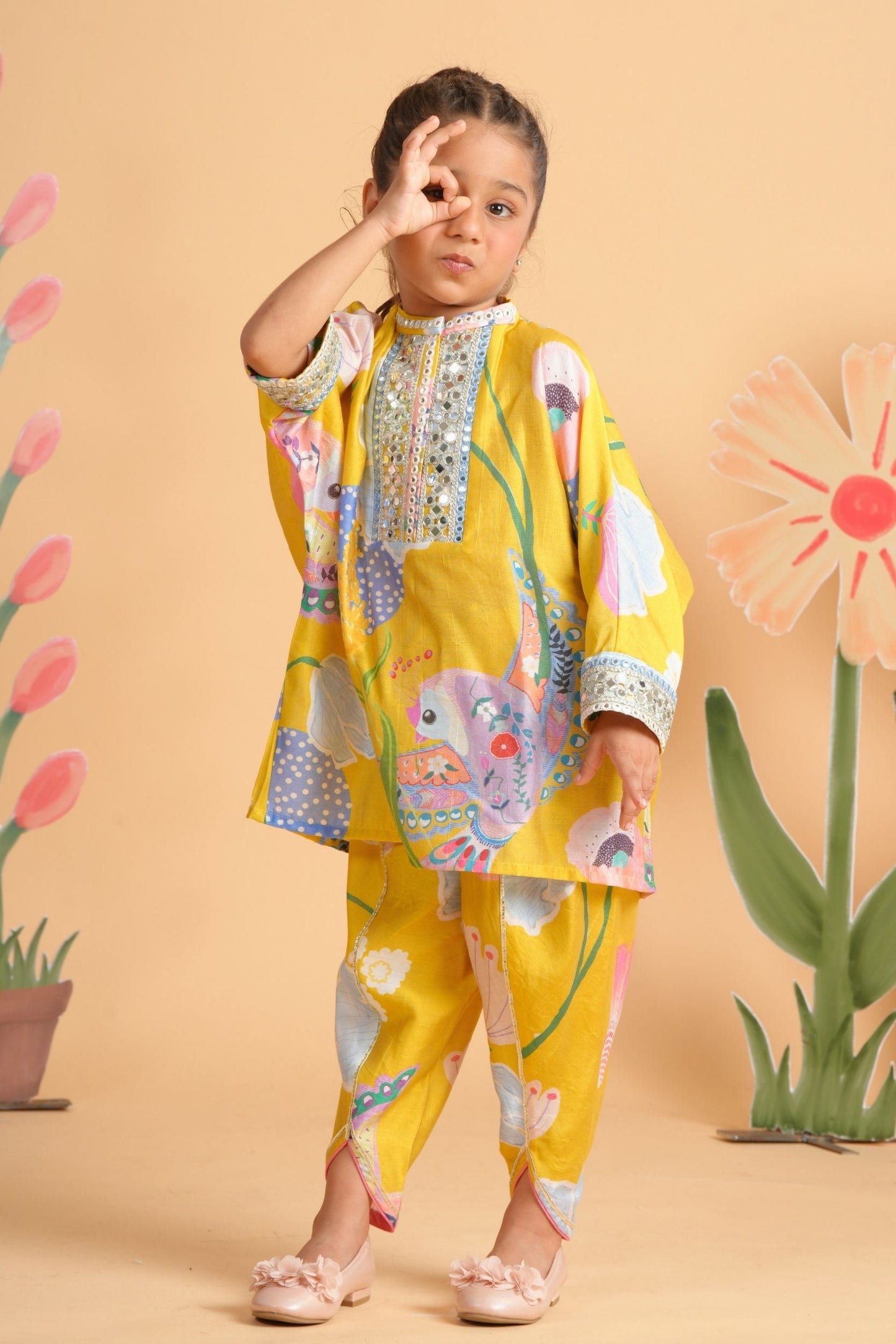 Yellow Bloom Embellished Girls Tunic With Pants (Set Of 2)