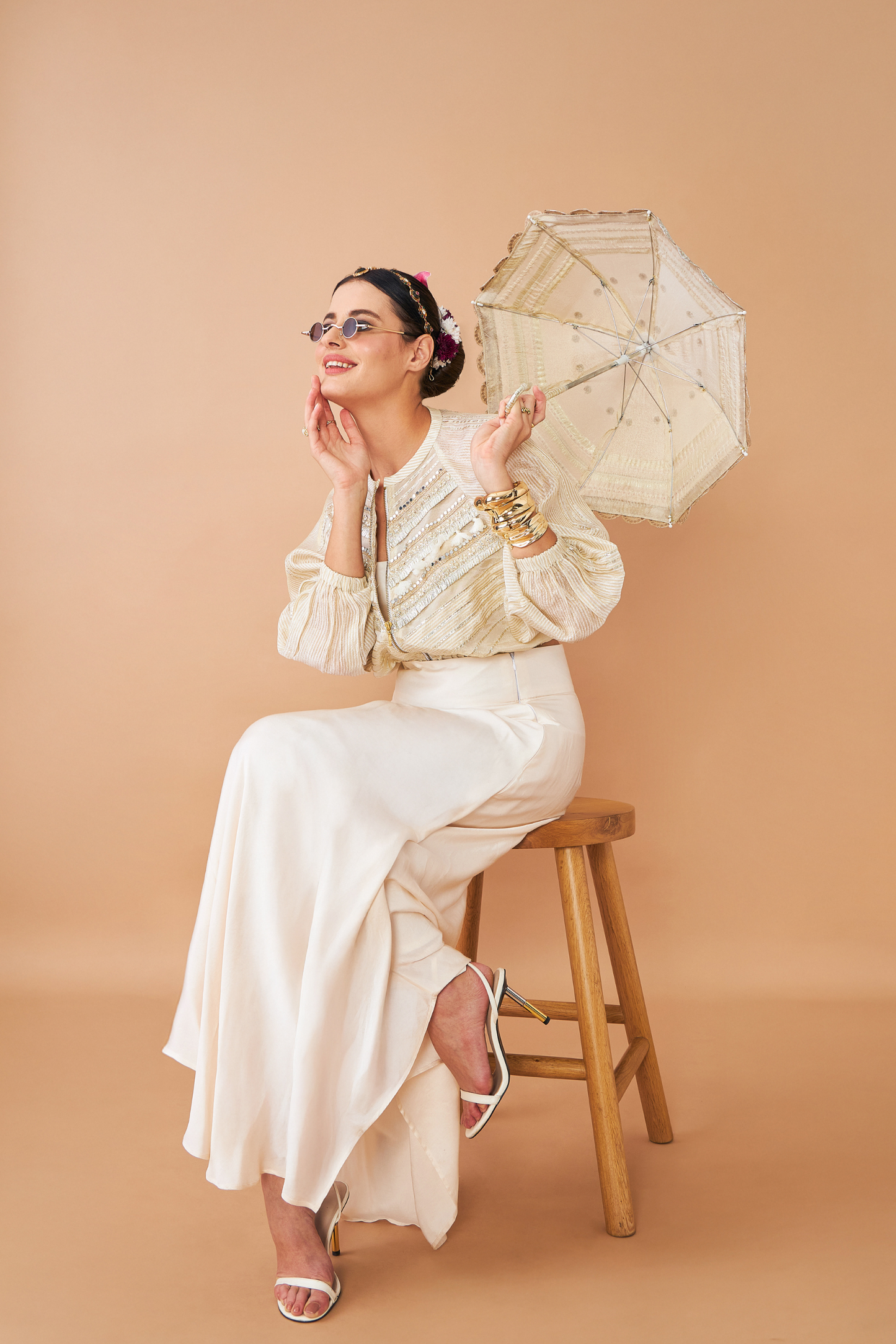 Alba Gold Ladies Embellished Jacket With Draped Skirt & Bustier (Set of 3 Pcs)