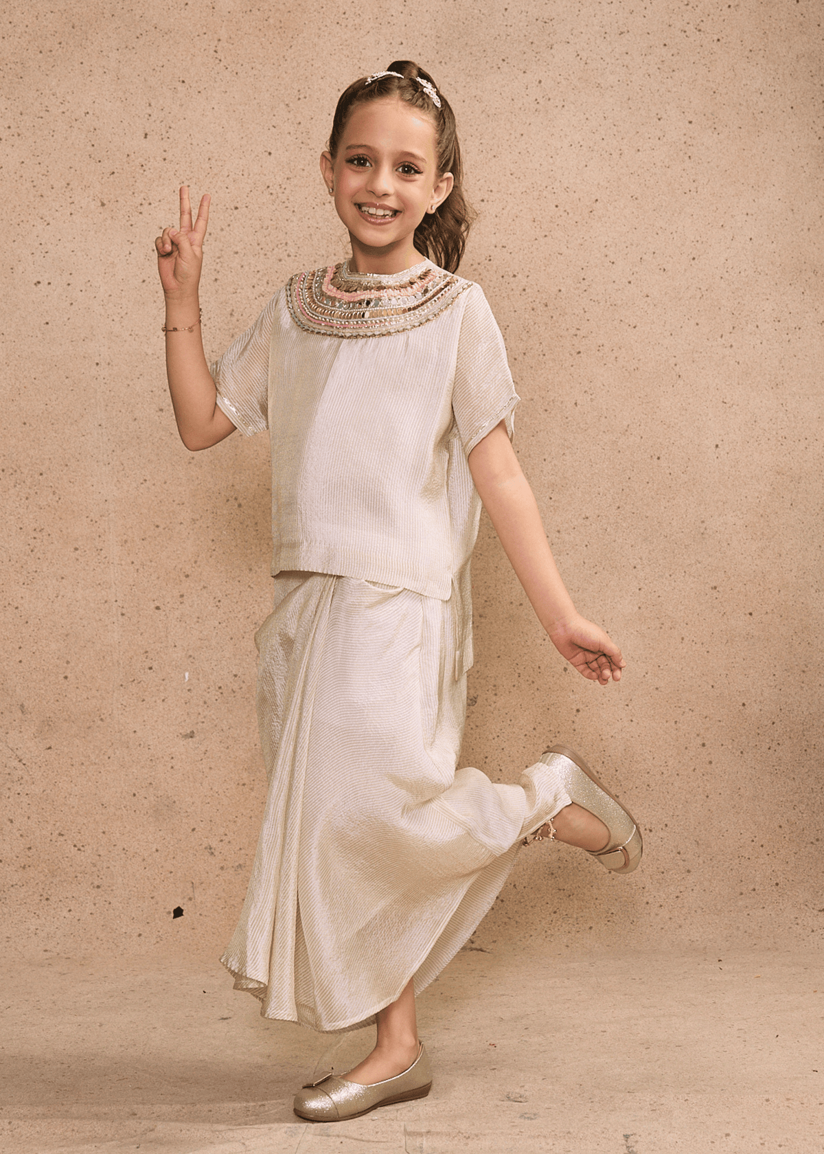 Ivory Girls Embellished High-low Top & Draped Skirt