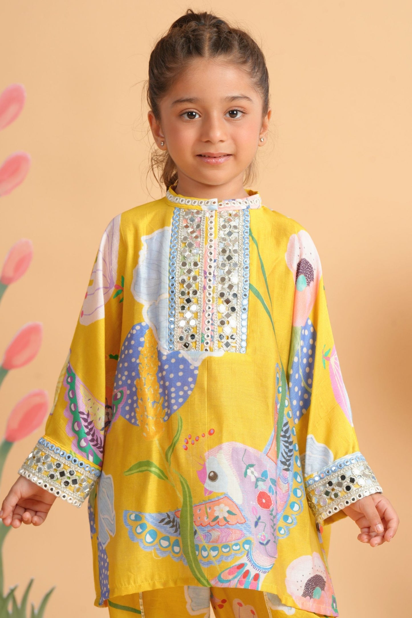 Yellow Bloom Embellished Girls Tunic With Pants (Set Of 2)