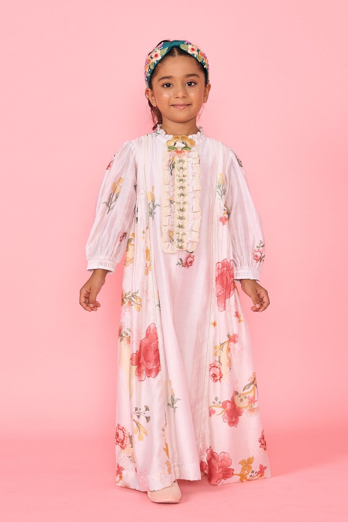 White Makrana Embellished Ruffle Collar Girls Long Dress