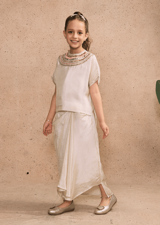 Ivory Girls Embellished High-low Top & Draped Skirt